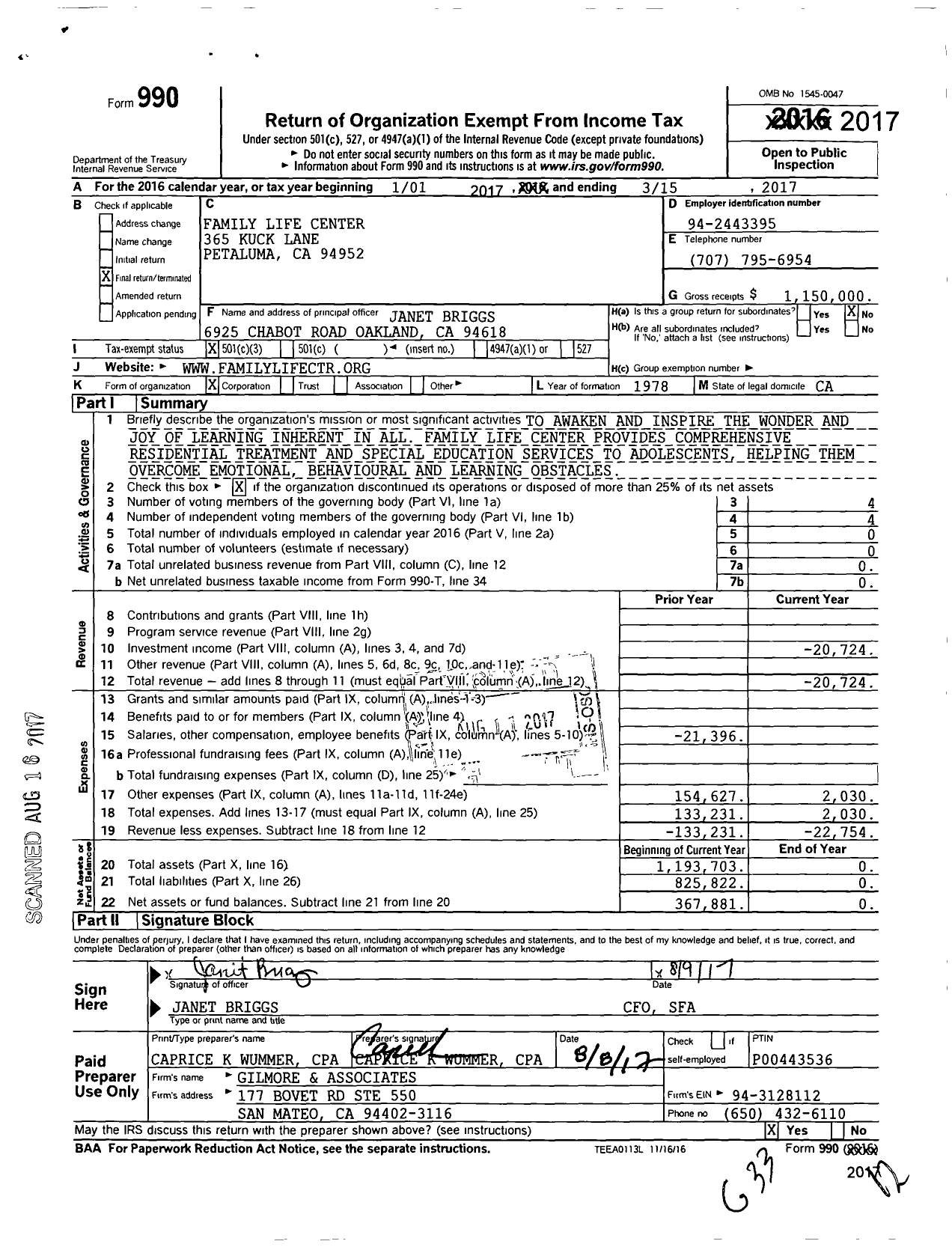 Image of first page of 2016 Form 990 for Family Life Center