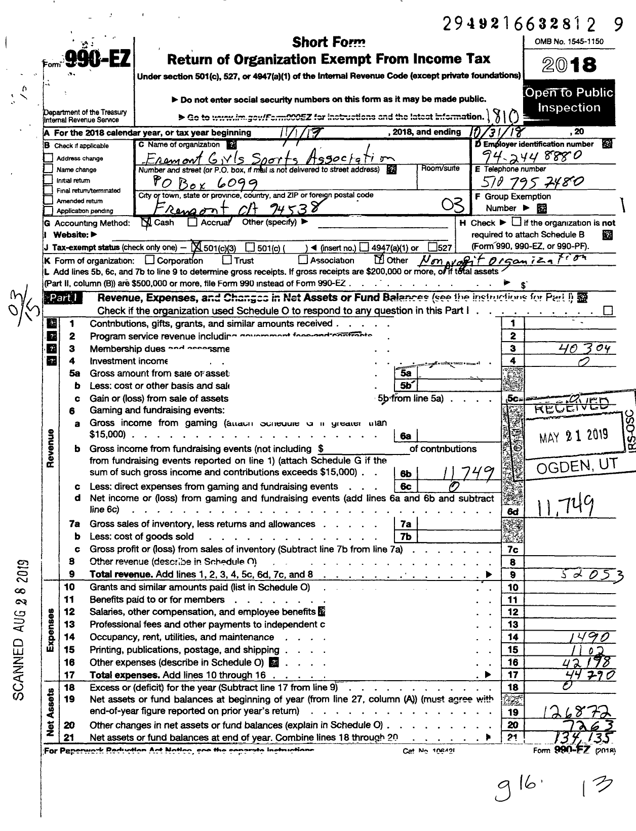 Image of first page of 2017 Form 990EZ for Fremont Girls Sports Association