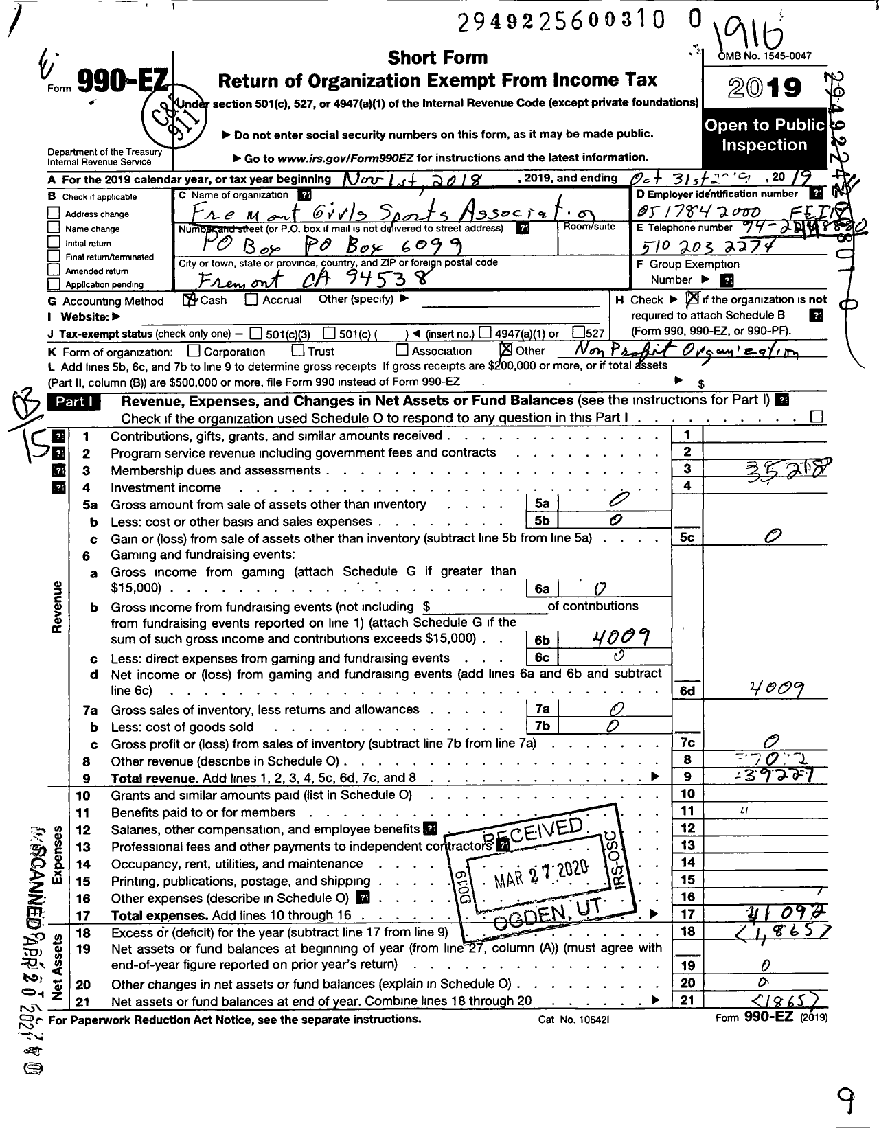 Image of first page of 2018 Form 990EZ for Fremont Girls Sports Association