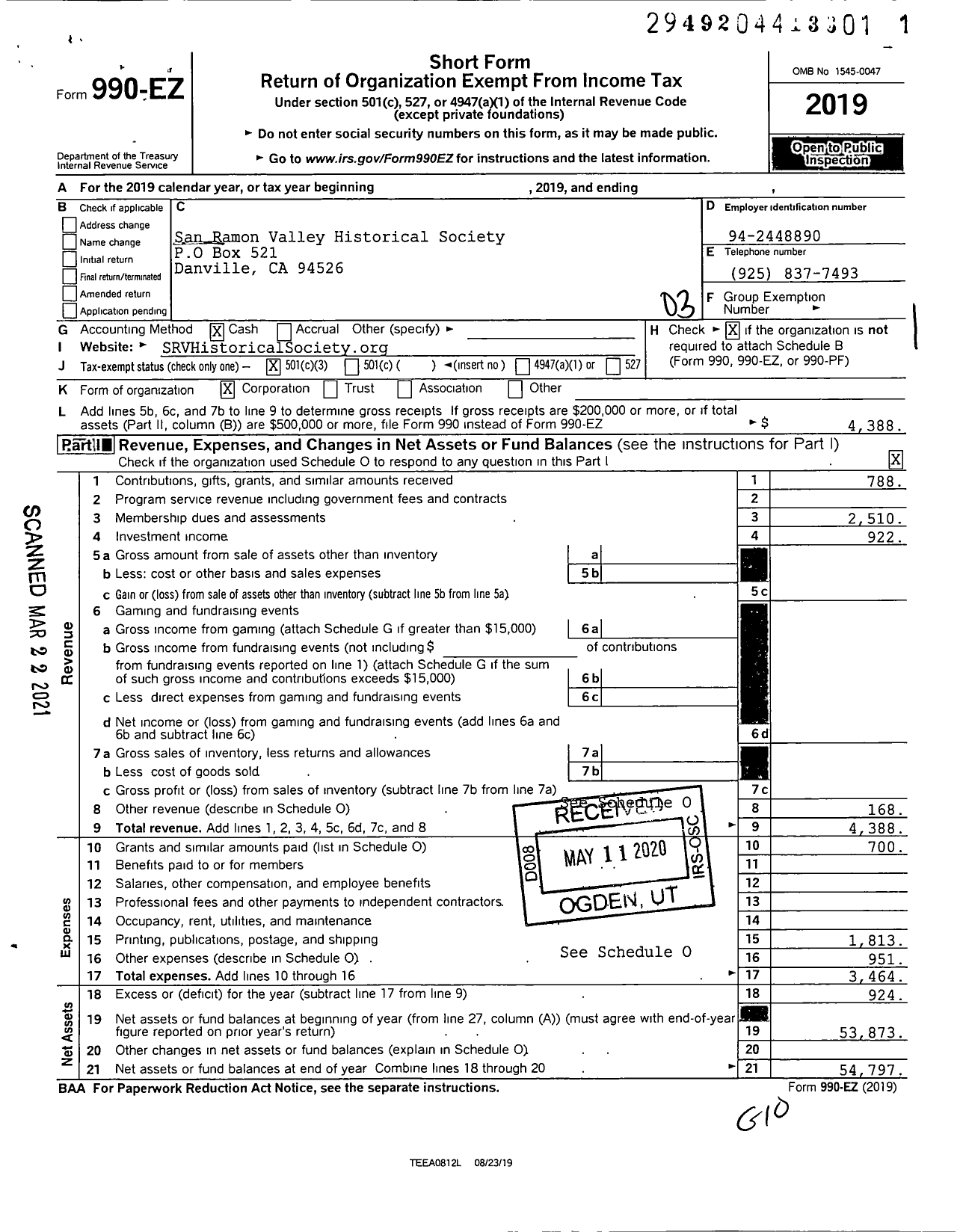 Image of first page of 2019 Form 990EZ for San Ramon Valley Historical Society