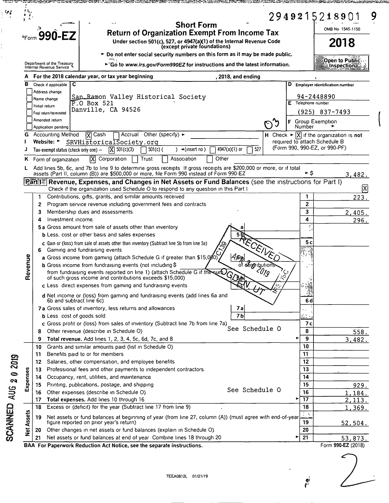 Image of first page of 2018 Form 990EZ for San Ramon Valley Historical Society