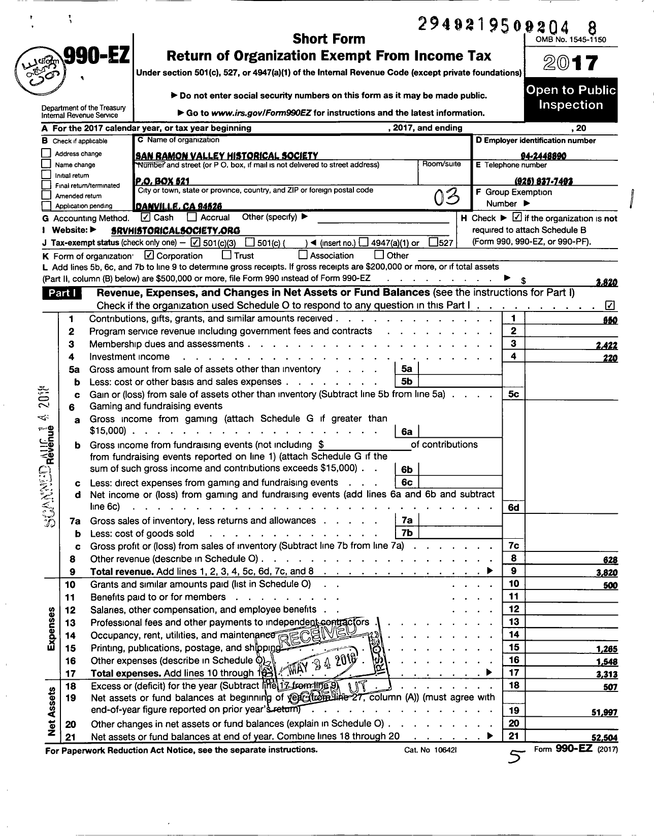 Image of first page of 2017 Form 990EZ for San Ramon Valley Historical Society