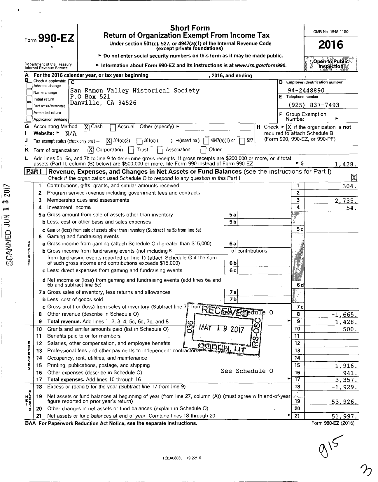 Image of first page of 2016 Form 990EZ for San Ramon Valley Historical Society