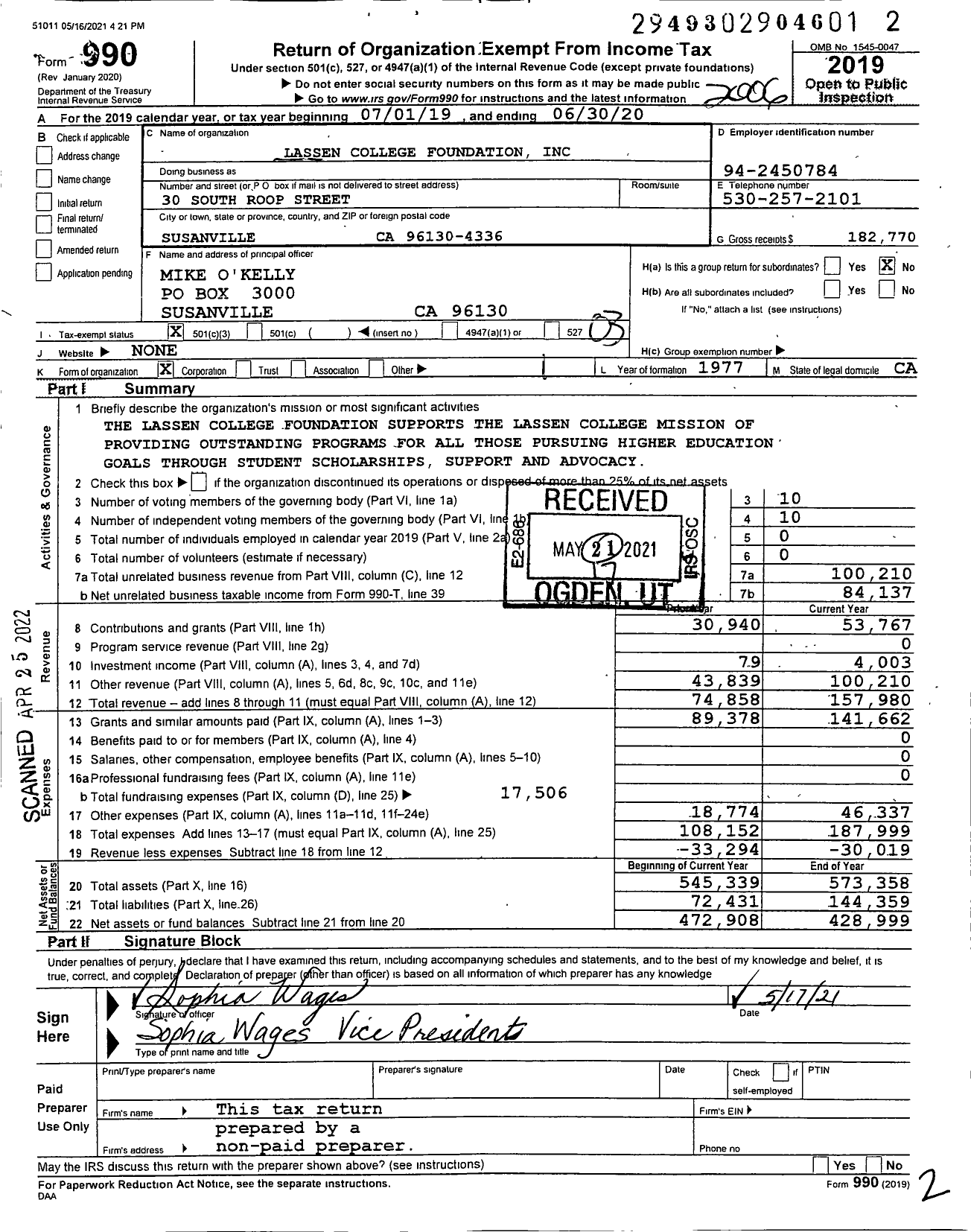 Image of first page of 2019 Form 990 for Lassen College Foundation