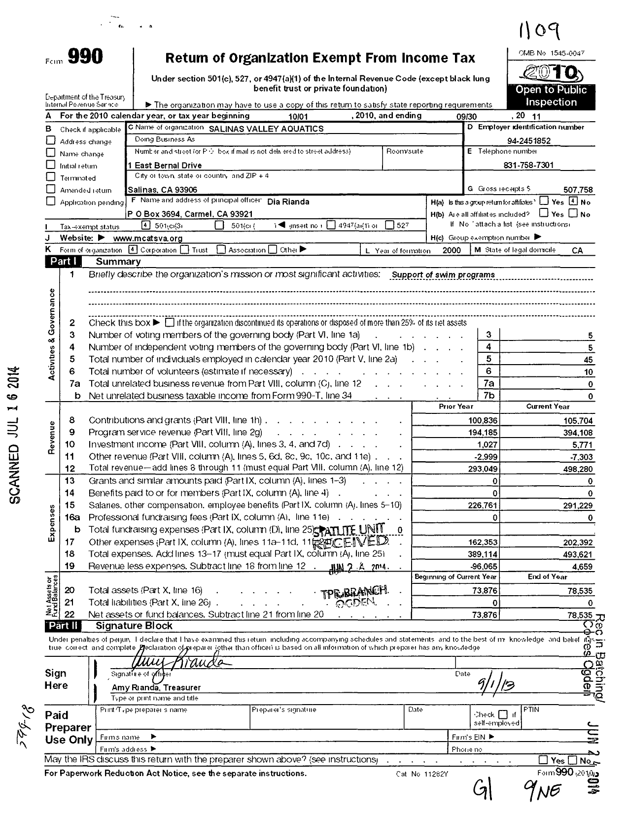 Image of first page of 2010 Form 990 for Salinas Valley Aquatics