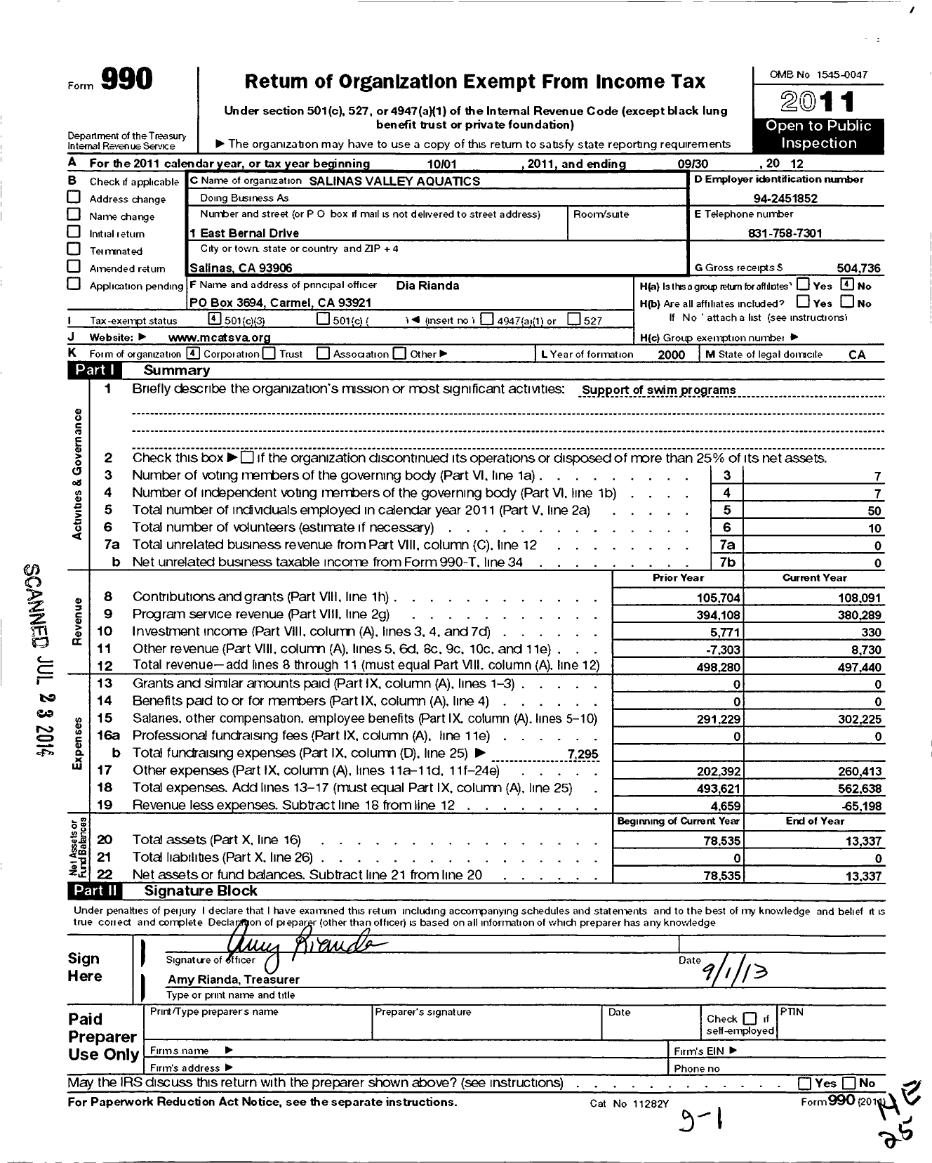 Image of first page of 2011 Form 990 for Salinas Valley Aquatics