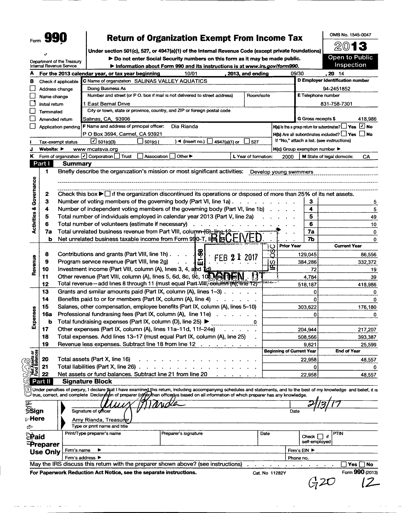 Image of first page of 2013 Form 990 for Salinas Valley Aquatics