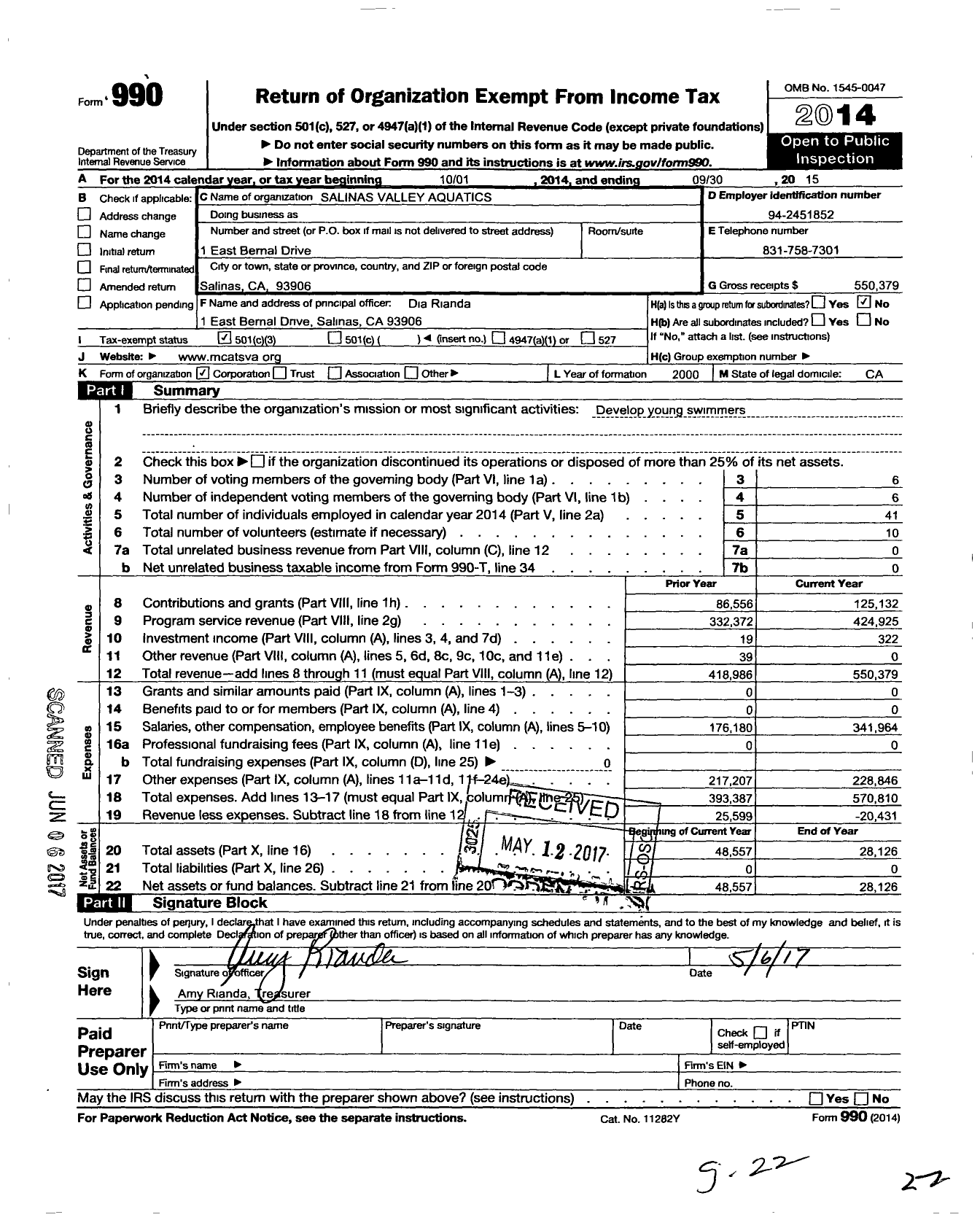 Image of first page of 2015 Form 990 for Salinas Valley Aquatics