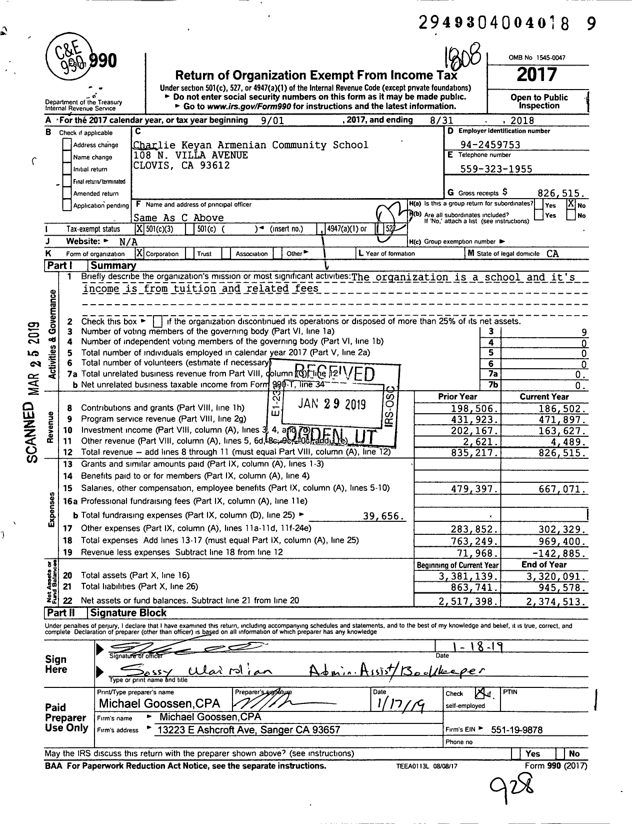 Image of first page of 2017 Form 990 for Charlie Keyan Armenian Community School