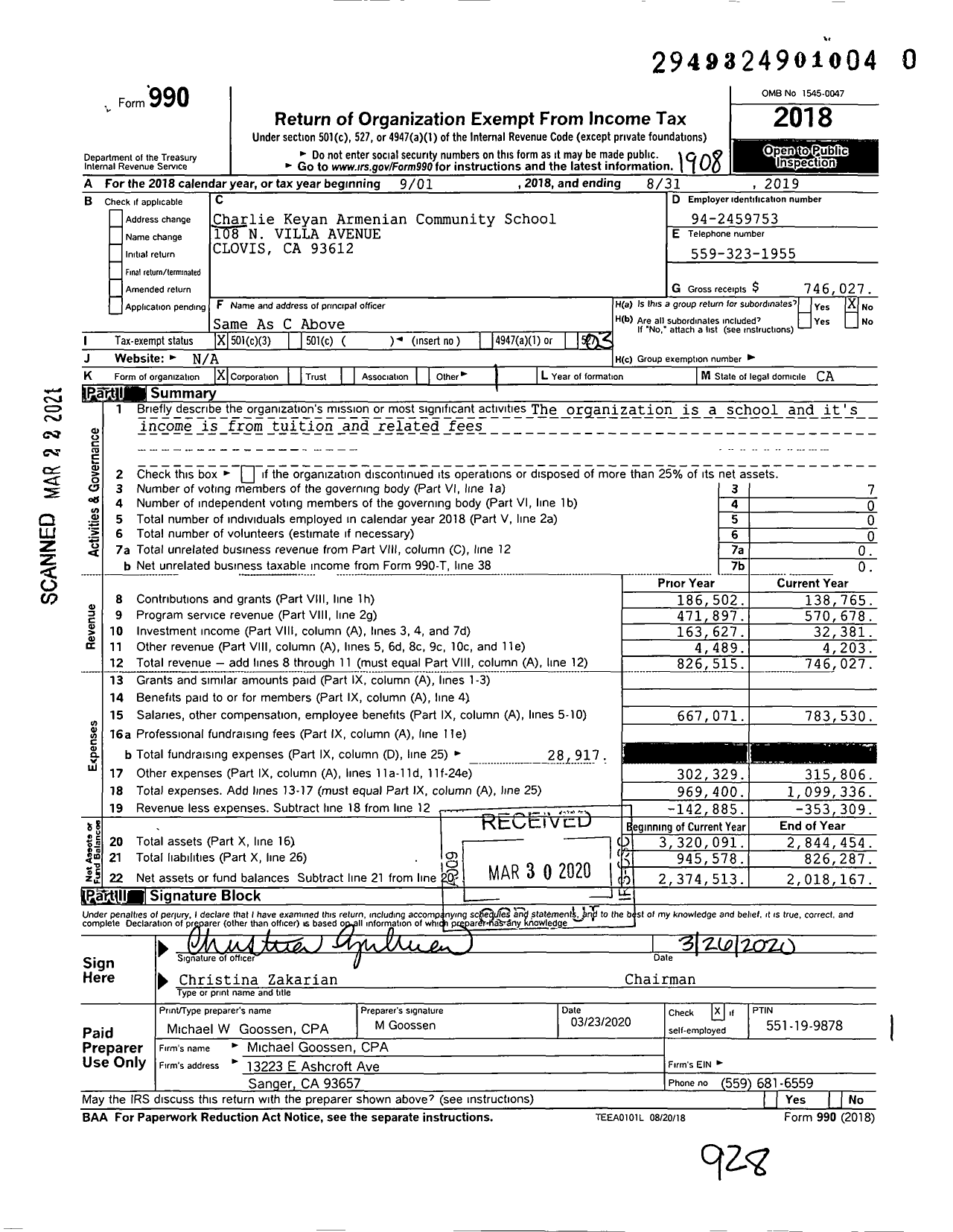 Image of first page of 2018 Form 990 for Charlie Keyan Armenian Community School