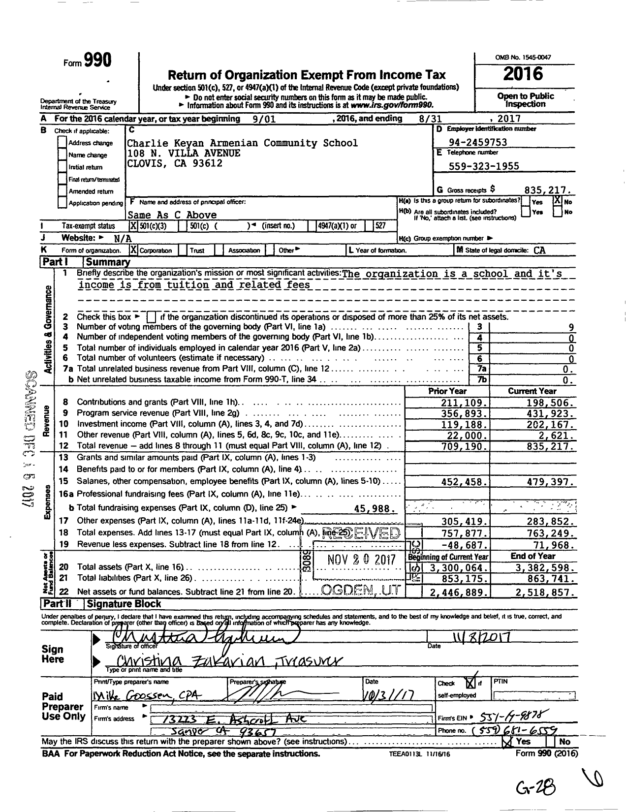 Image of first page of 2016 Form 990 for Charlie Keyan Armenian Community School