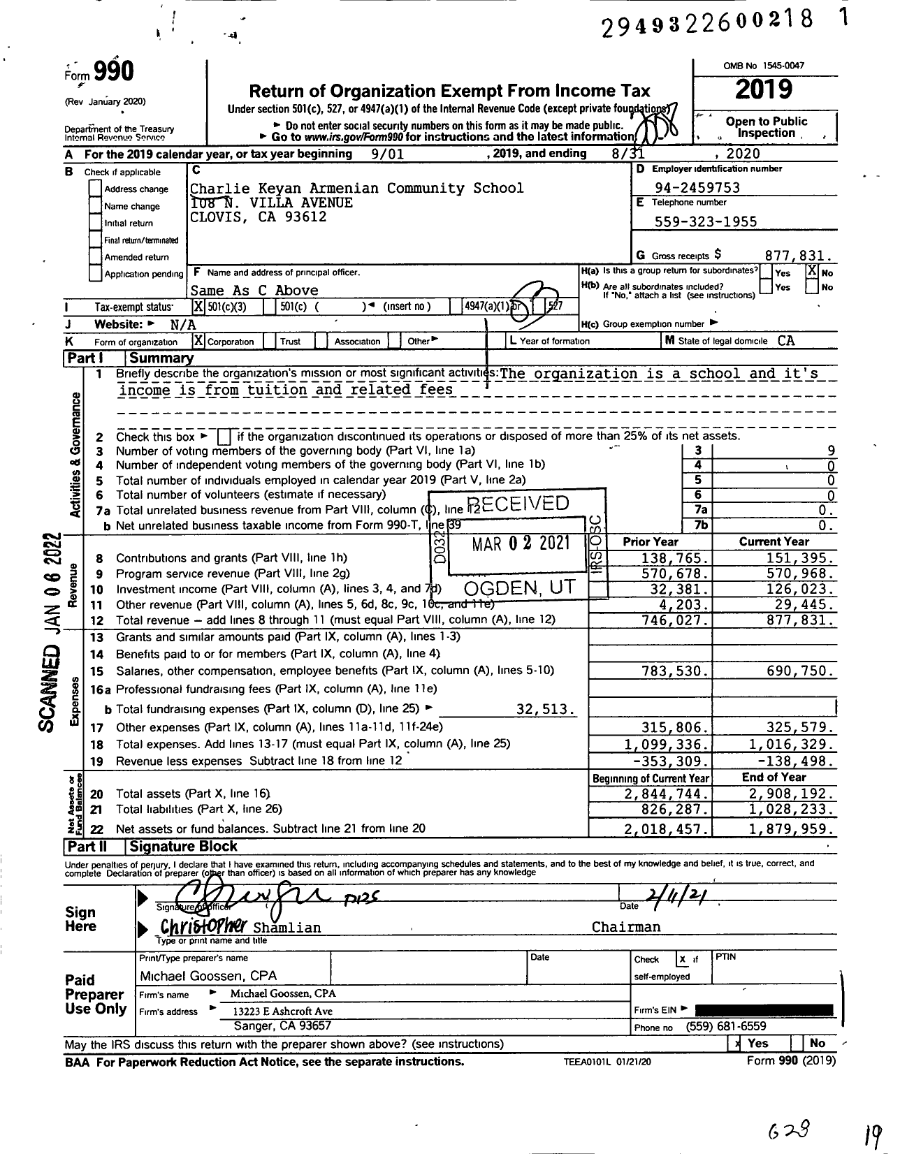 Image of first page of 2019 Form 990 for Charlie Keyan Armenian Community School