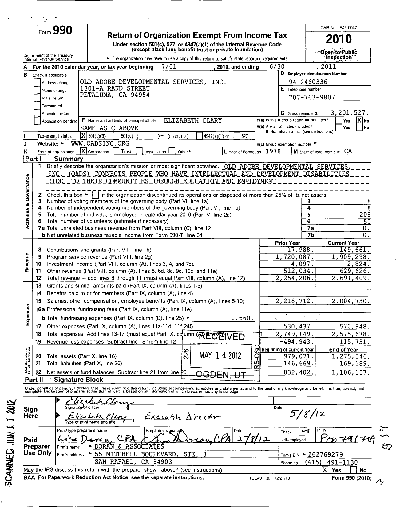 Image of first page of 2010 Form 990 for Old Adobe Development Services