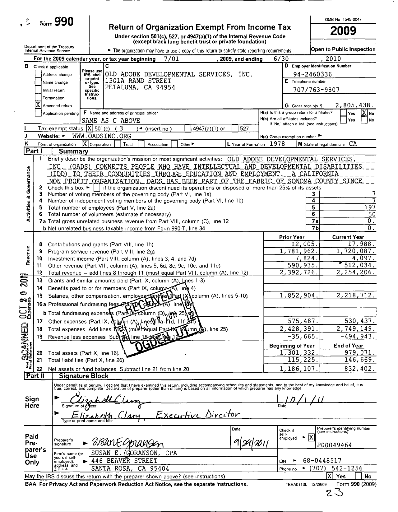 Image of first page of 2009 Form 990 for Old Adobe Development Services