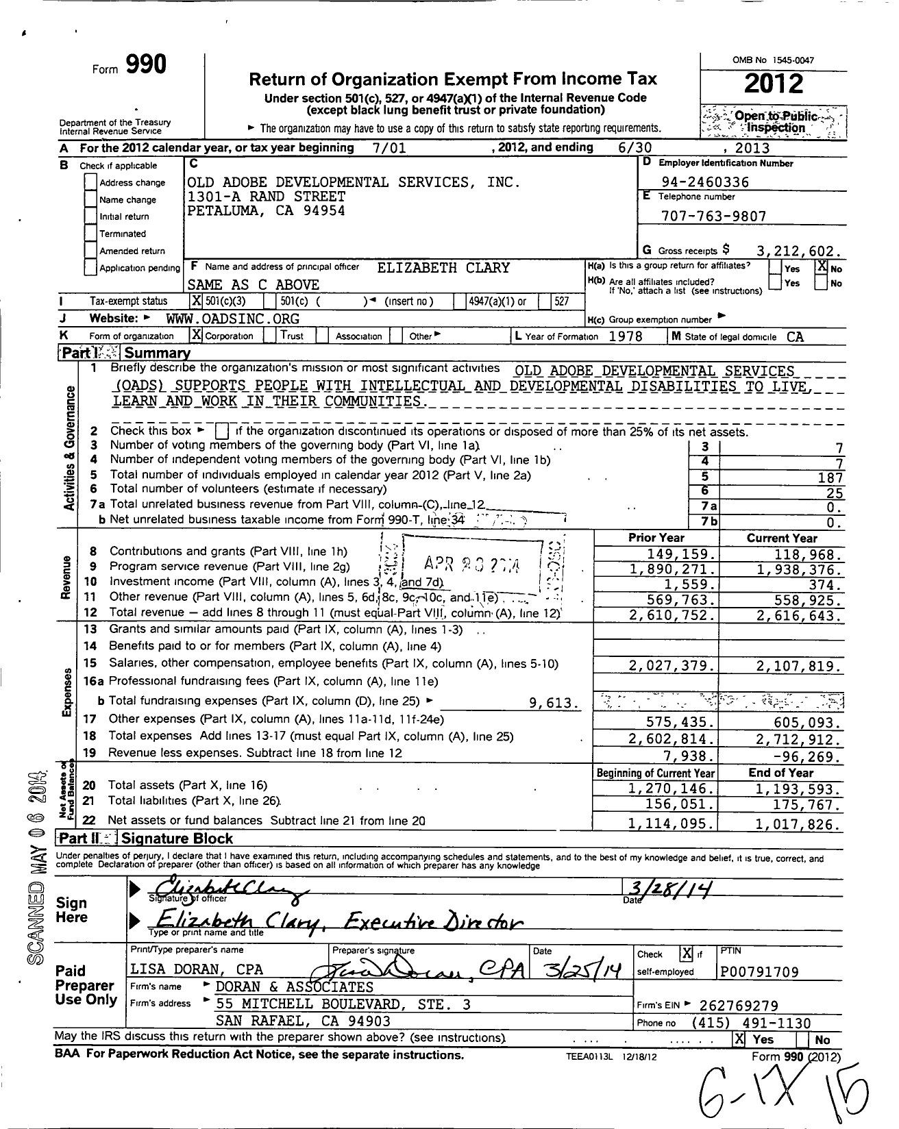 Image of first page of 2012 Form 990 for Old Adobe Development Services