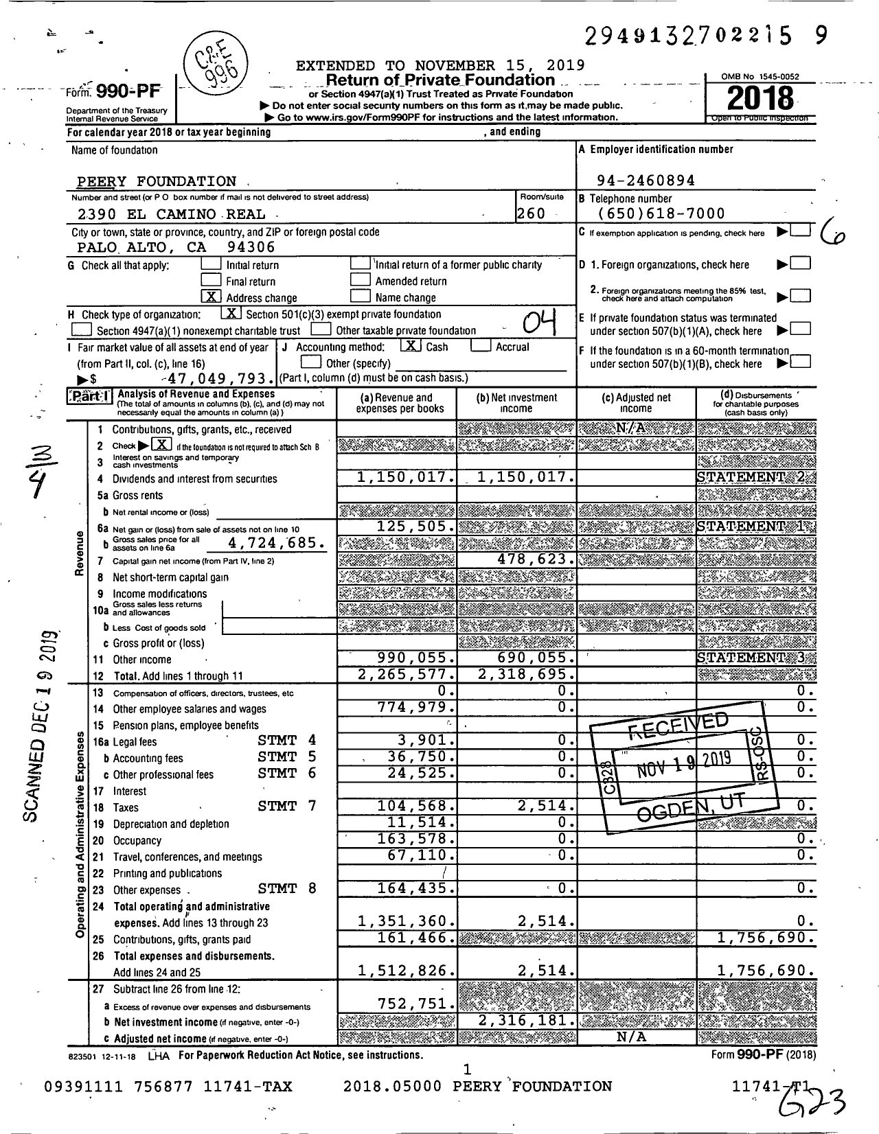 Image of first page of 2018 Form 990PF for Peery Foundation