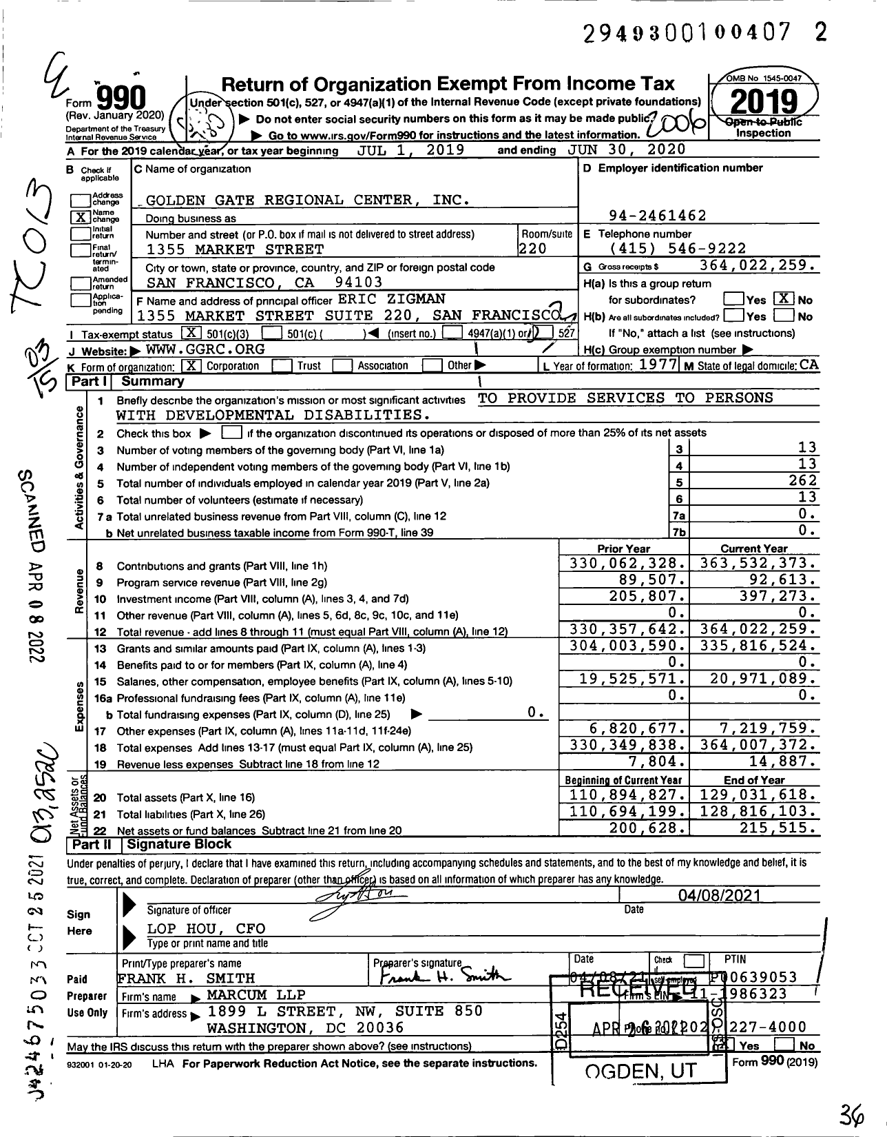 Image of first page of 2019 Form 990 for Golden Gate Regional Center (GGRC)