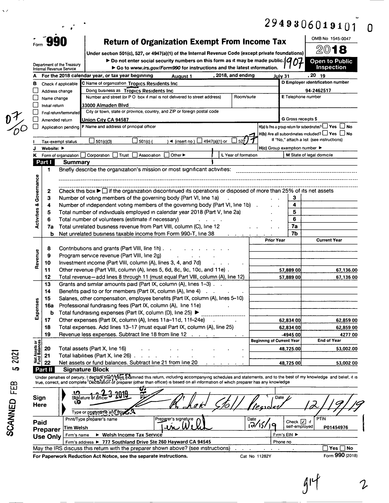 Image of first page of 2018 Form 990O for Tropics Residents