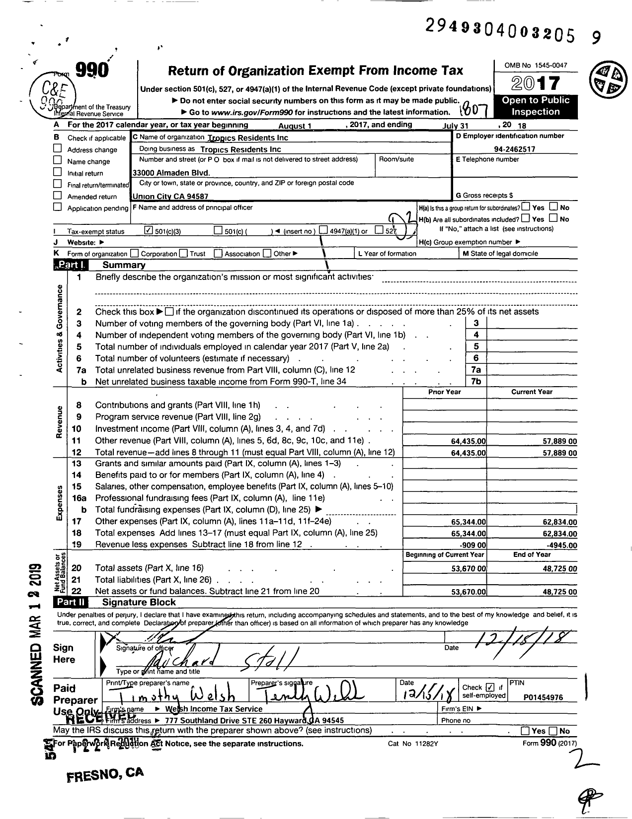 Image of first page of 2017 Form 990 for Tropics Residents