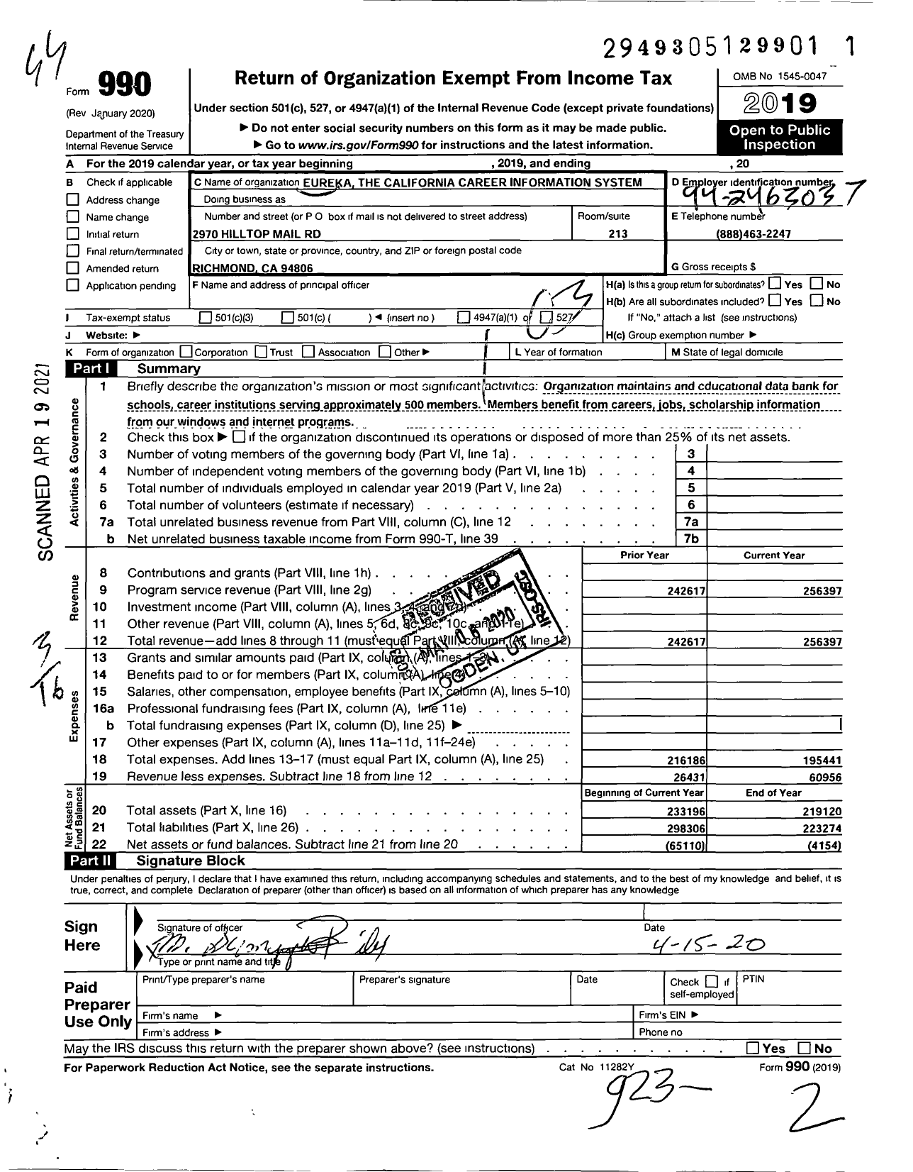 Image of first page of 2019 Form 990 for Eureka the California Career Information System