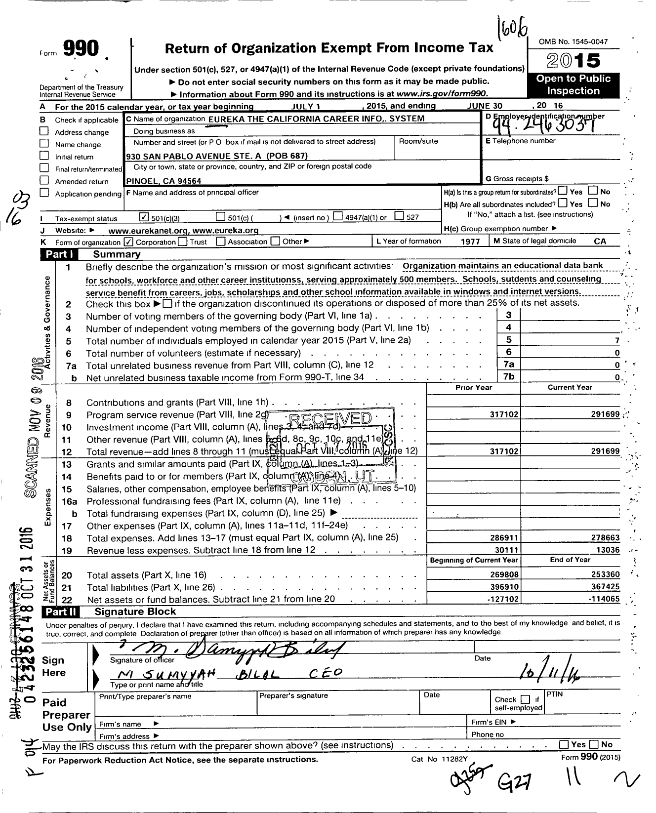 Image of first page of 2015 Form 990 for Eureka the California Career Information System