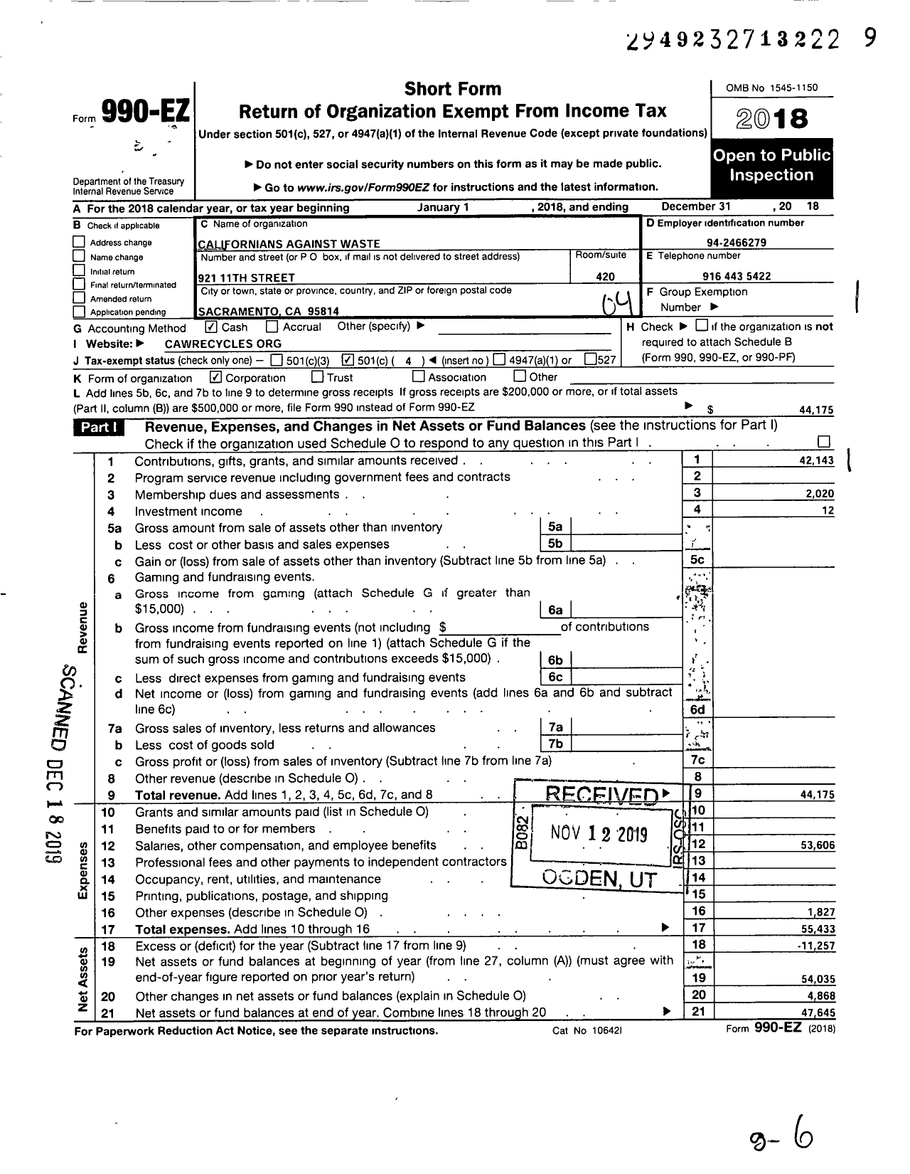 Image of first page of 2018 Form 990EO for Californians Against Waste