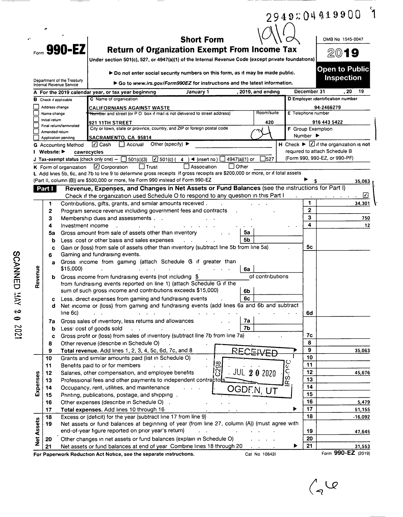 Image of first page of 2019 Form 990EO for Californians Against Waste