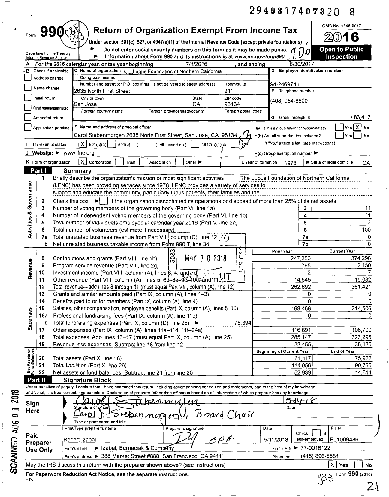 Image of first page of 2016 Form 990 for Lupus Foundation of Northern California