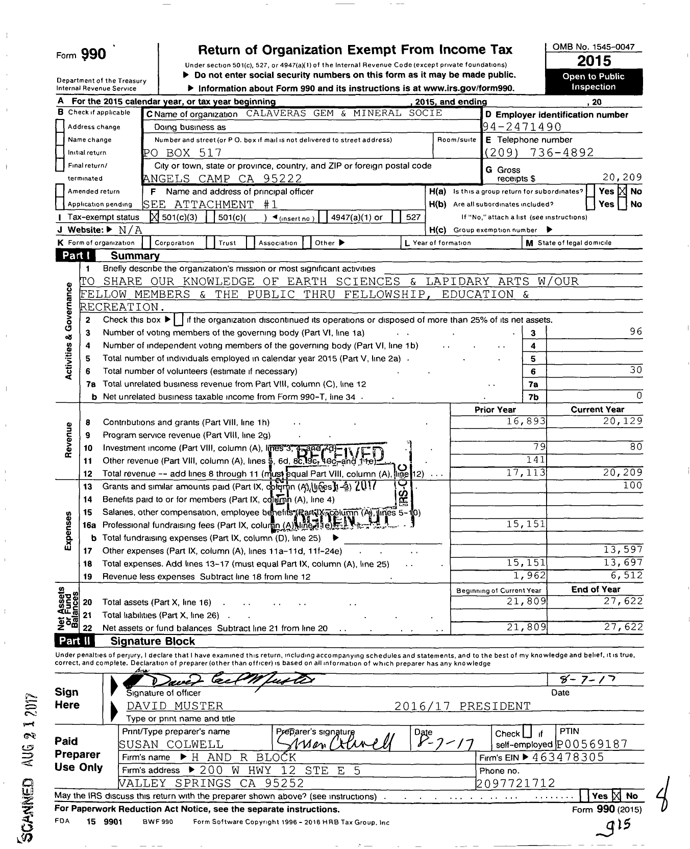 Image of first page of 2015 Form 990 for Calaveras Gem and Mineral Society