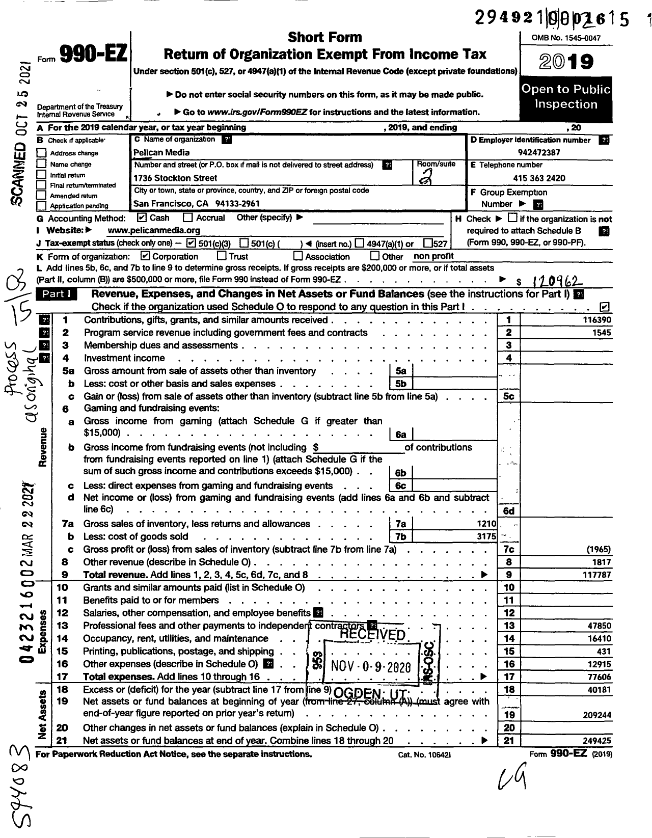 Image of first page of 2019 Form 990EZ for Pelican Media