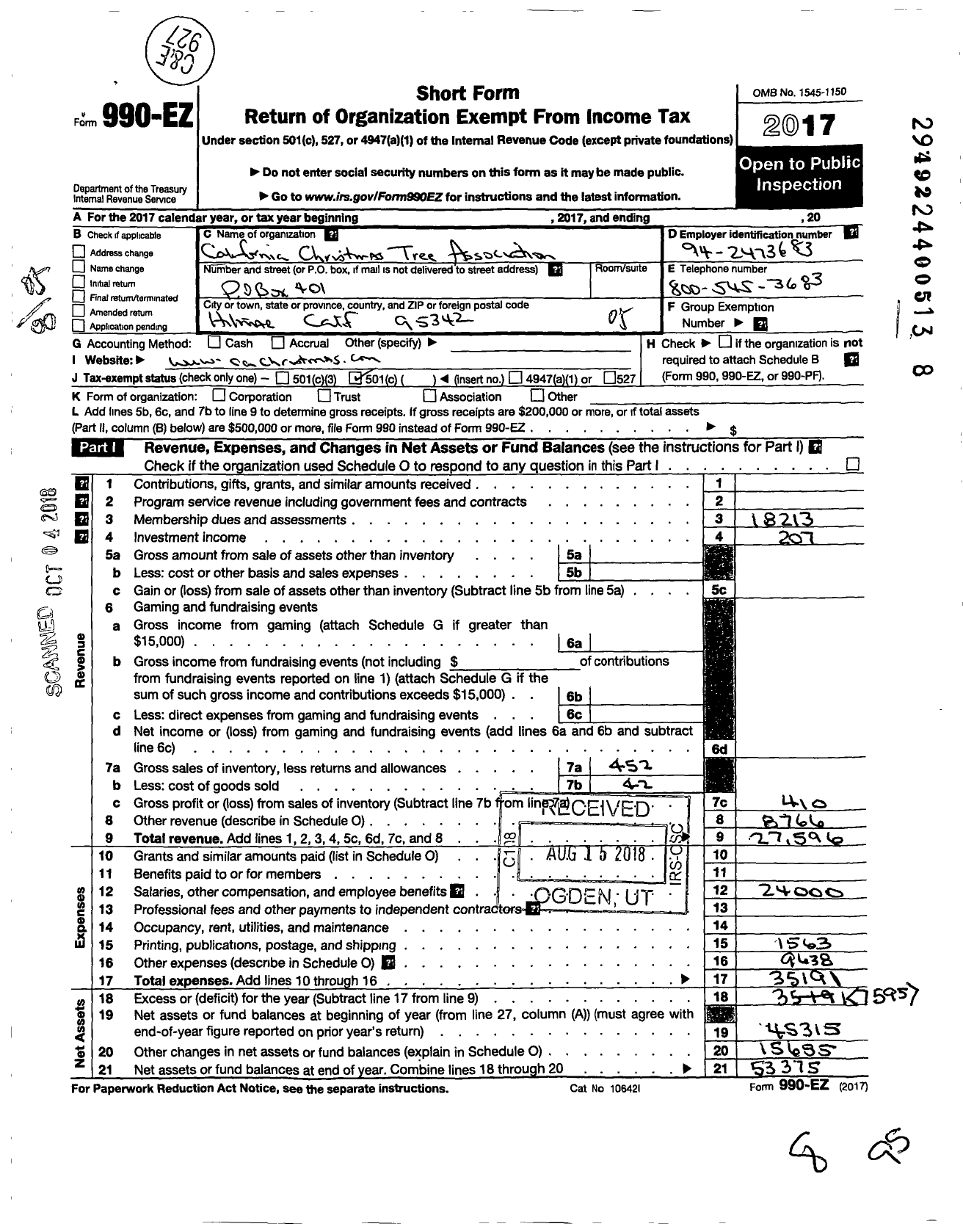 Image of first page of 2017 Form 990EO for California Christmas Tree Association