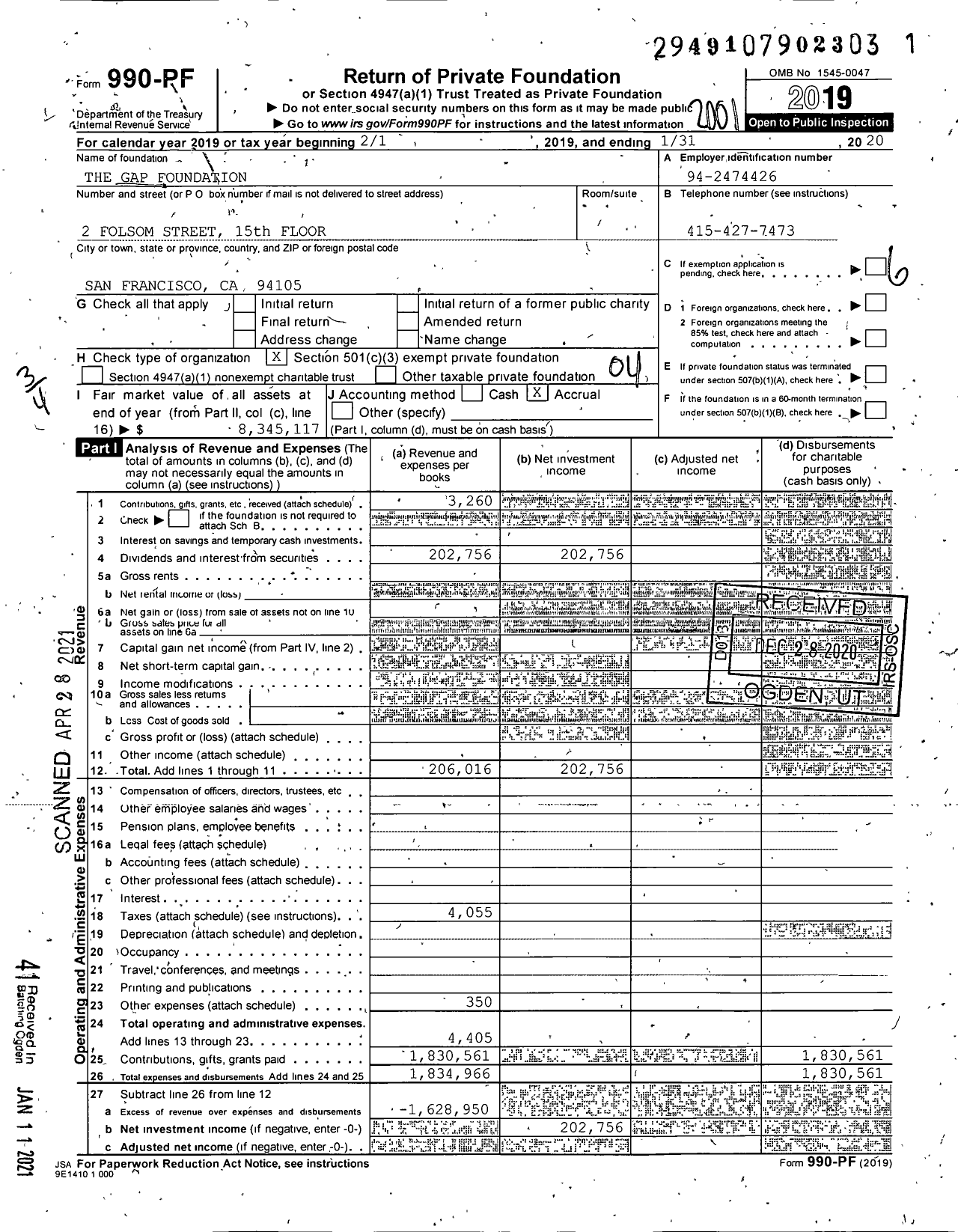 Image of first page of 2019 Form 990PF for The Gap Foundation