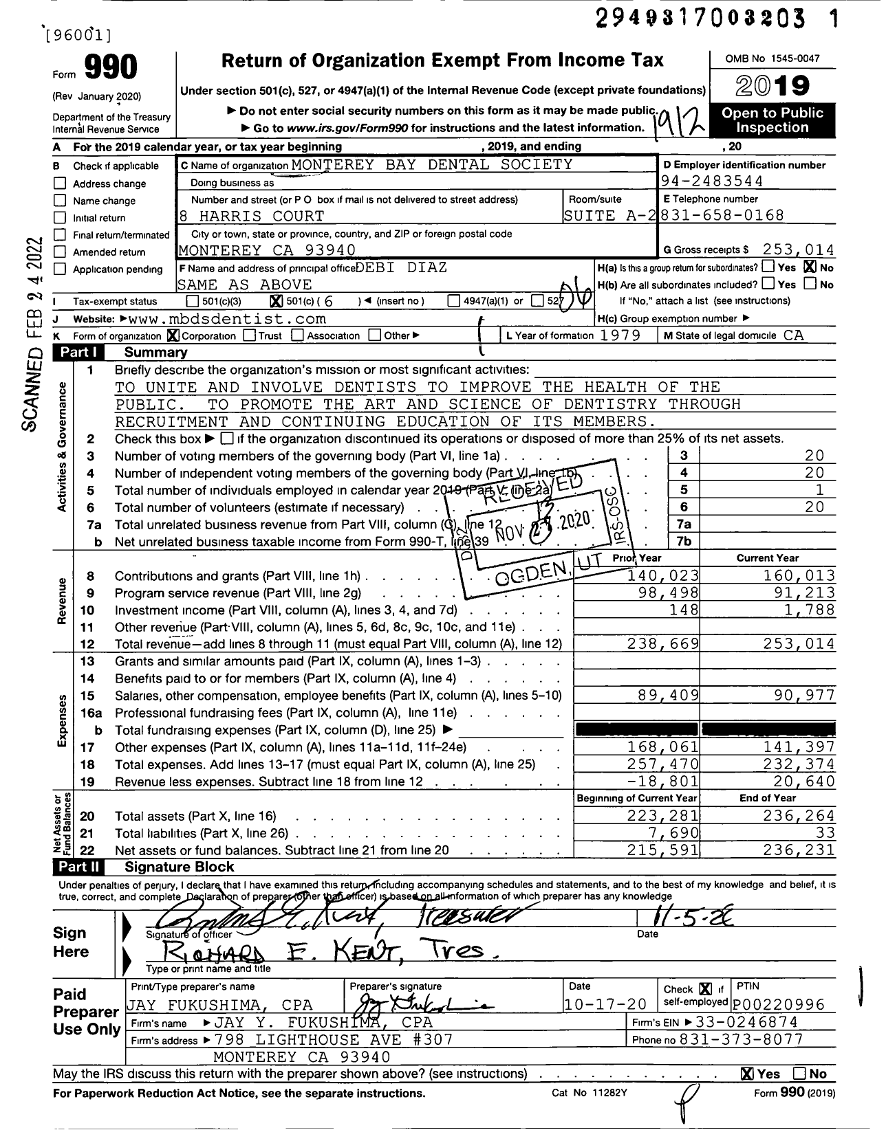 Image of first page of 2019 Form 990O for Monterey Bay Dental Society