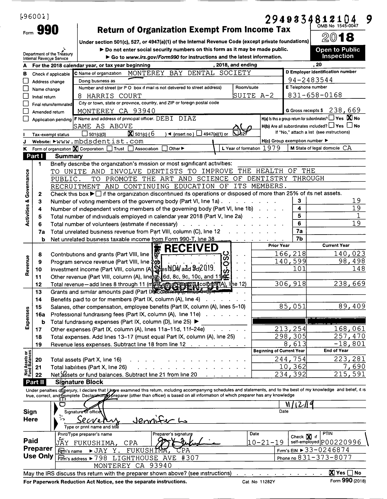 Image of first page of 2018 Form 990O for Monterey Bay Dental Society