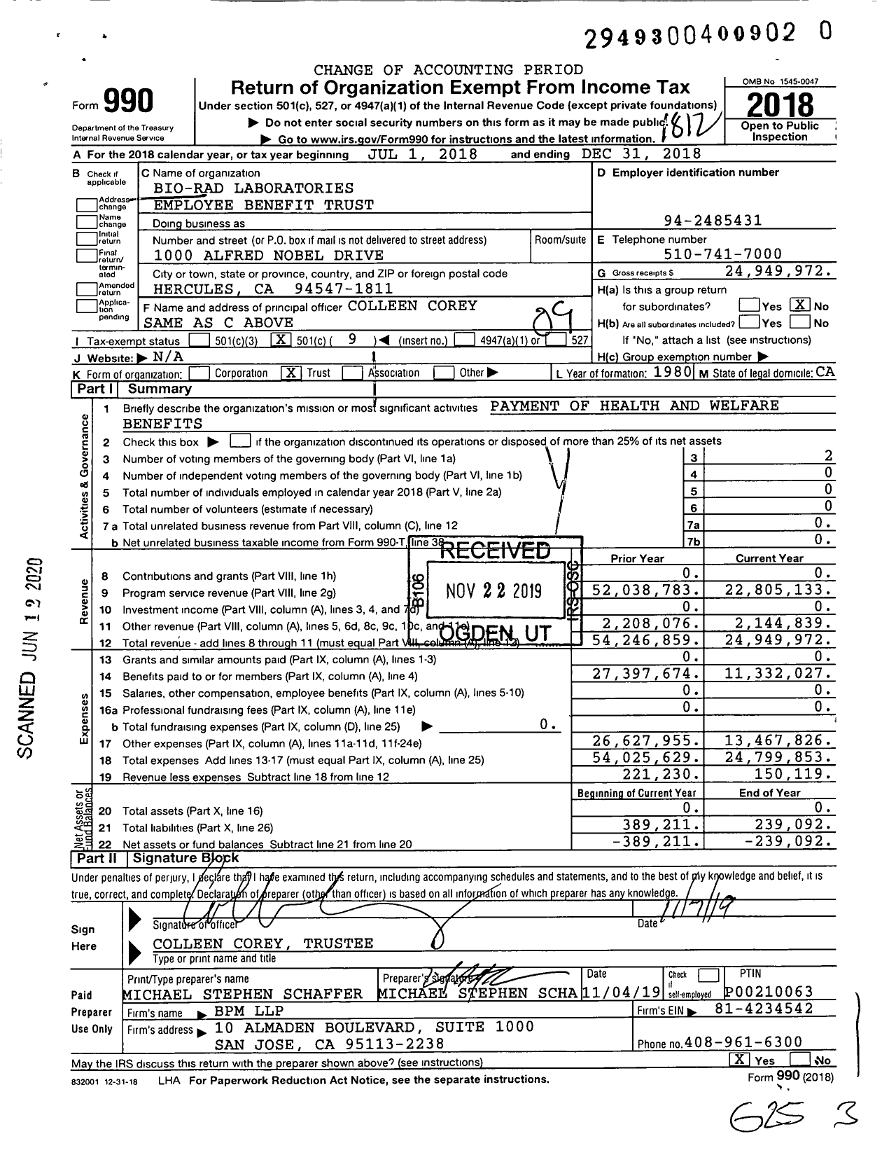 Image of first page of 2018 Form 990O for Bio-Rad Laboratories Employee Benefit Trust