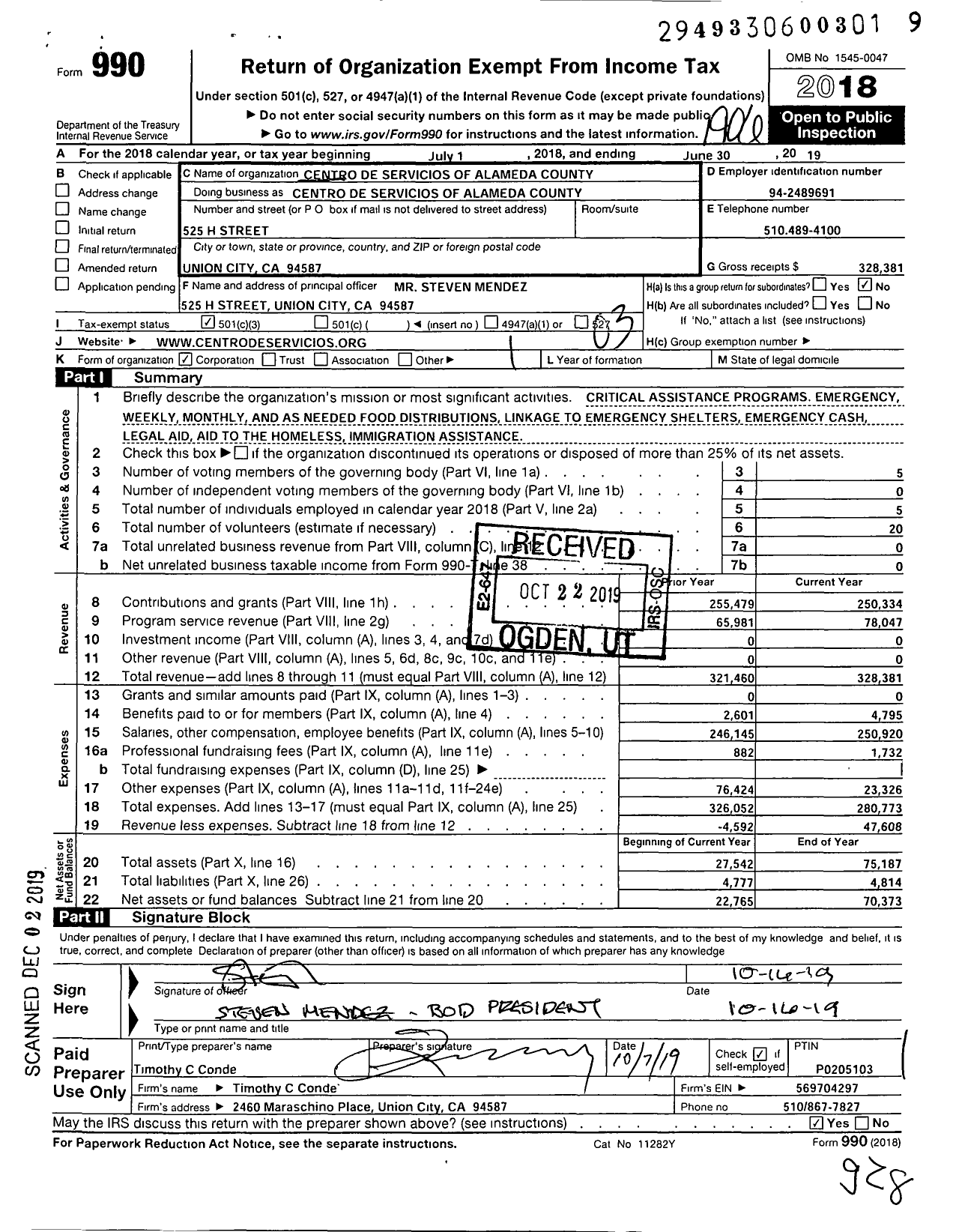 Image of first page of 2018 Form 990 for Centro De Servicios of Alameda Cty