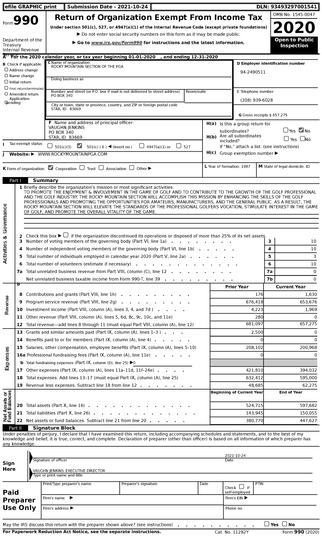 Image of first page of 2020 Form 990 for Rocky Mountain Section of the Pga