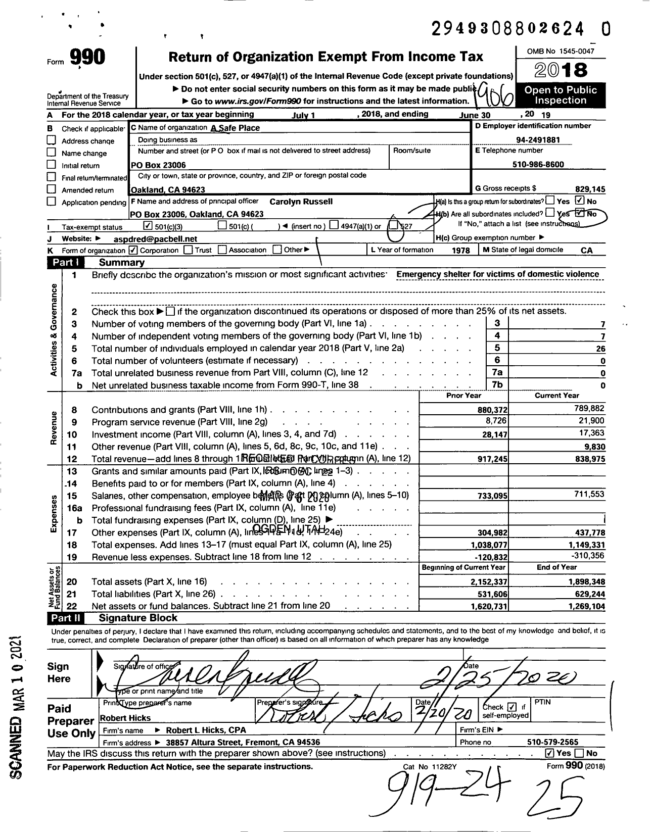 Image of first page of 2018 Form 990 for A Safe Place