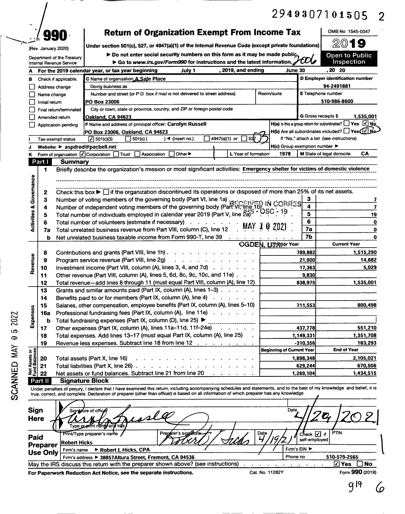 Image of first page of 2019 Form 990 for A Safe Place