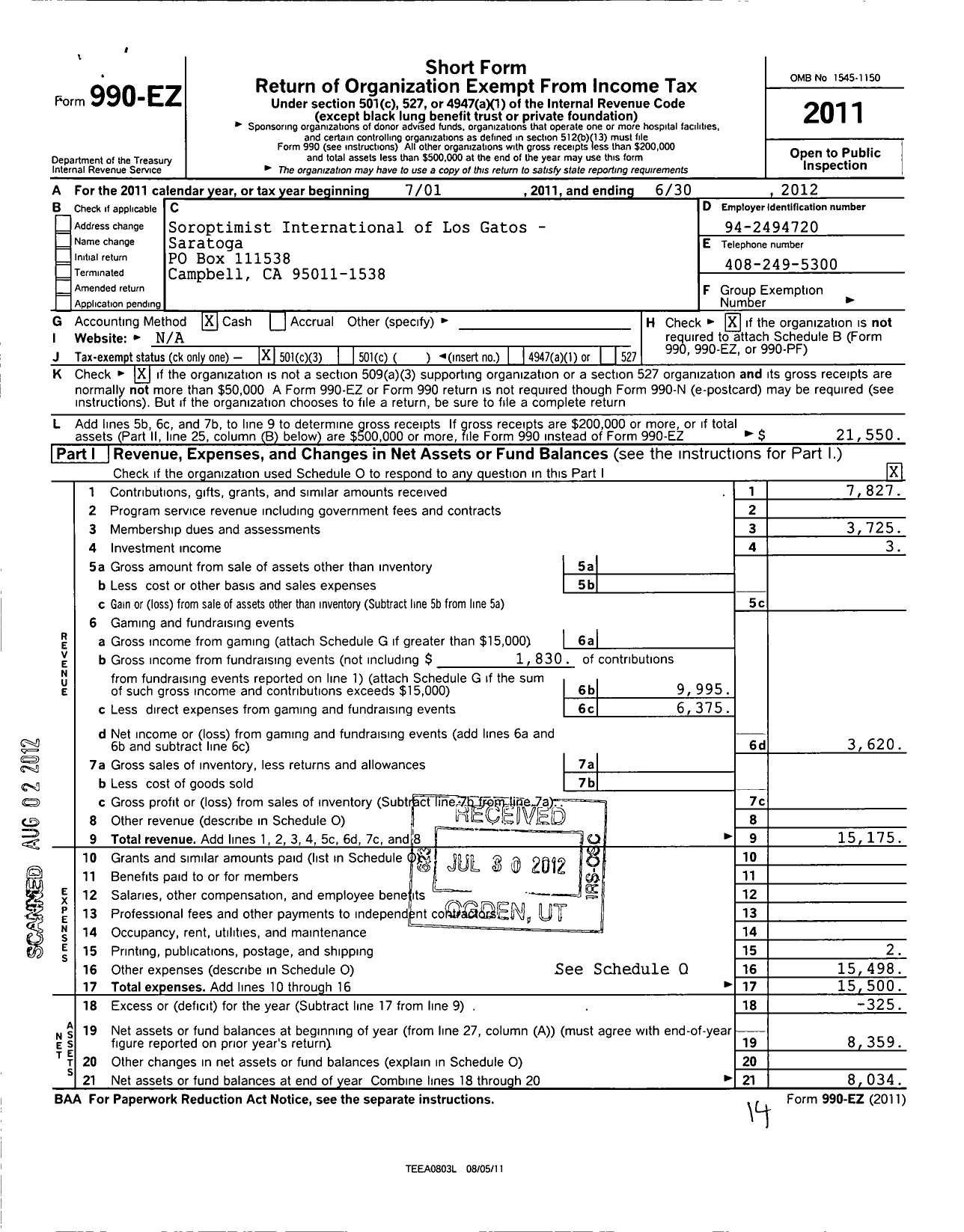 Image of first page of 2011 Form 990EZ for Soroptimist International of the Americas - 117129 Los Gatos-Saratoga Ca