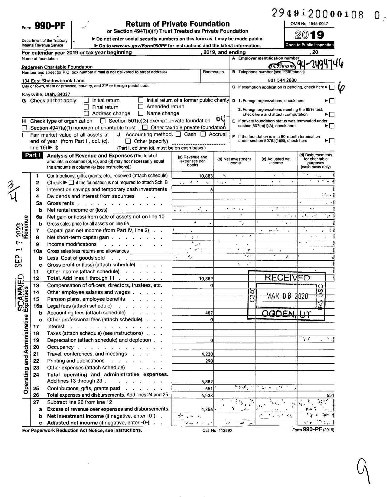 Image of first page of 2019 Form 990PR for Pedersen Charitable Foundation