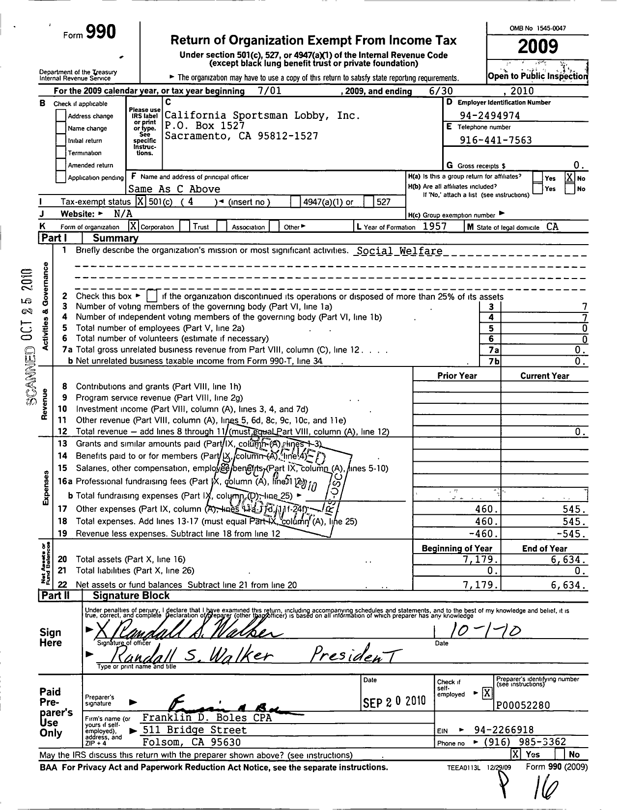 Image of first page of 2009 Form 990O for California Sportsmans Lobby