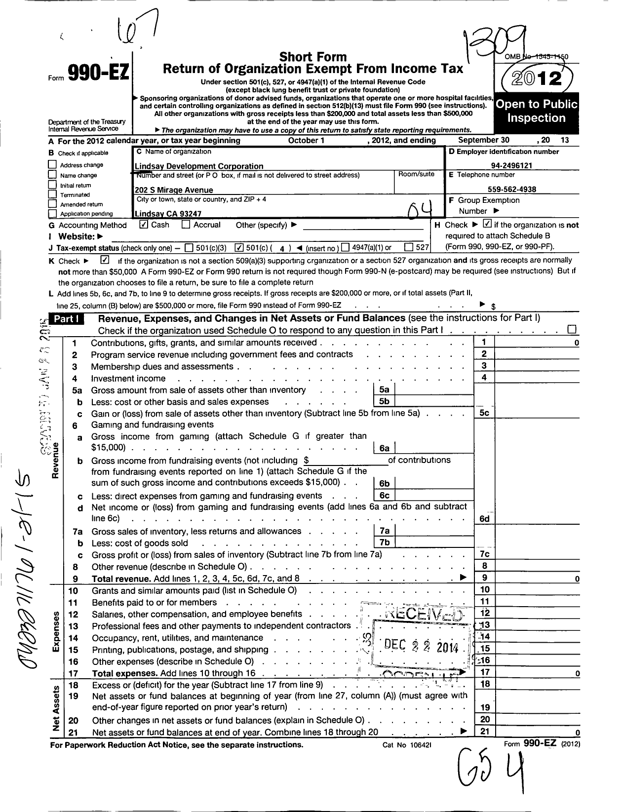 Image of first page of 2012 Form 990EO for Lindsay Development Corporation