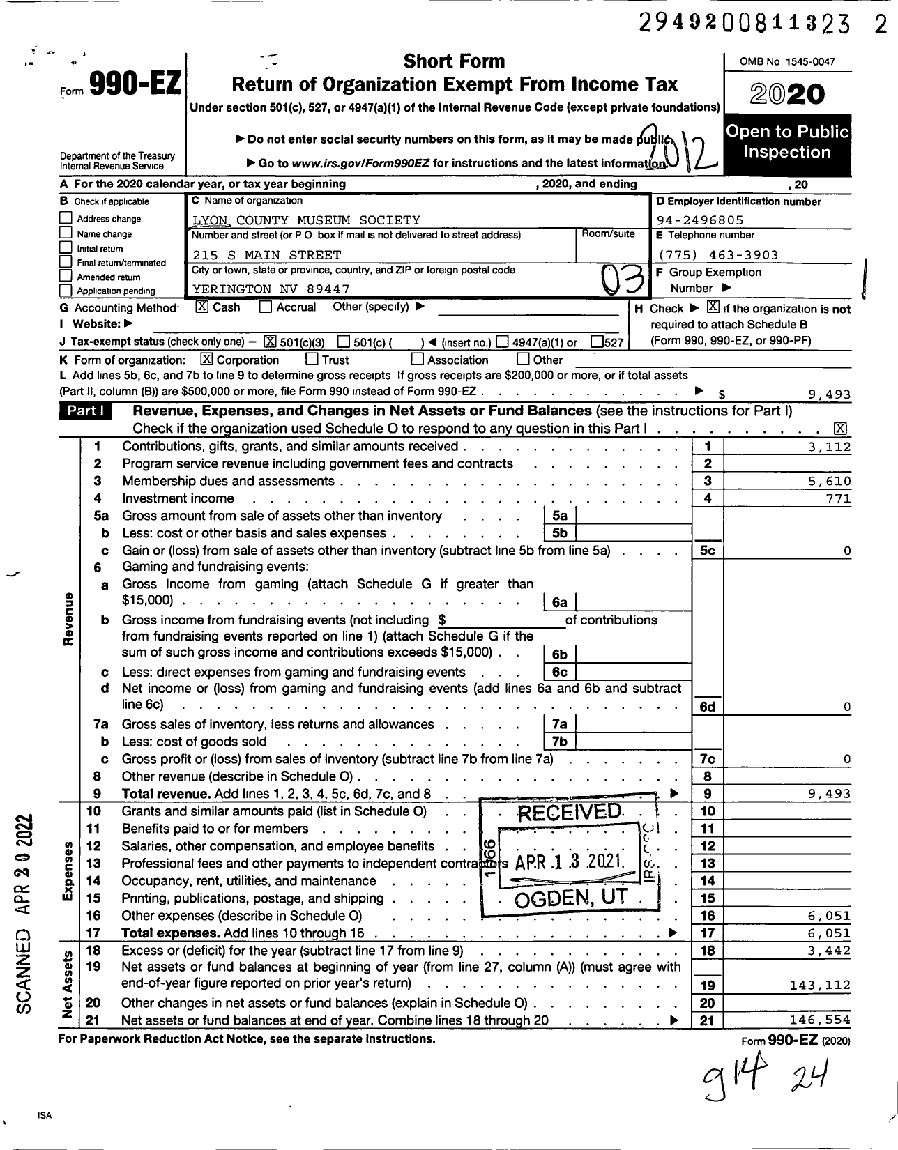 Image of first page of 2020 Form 990EZ for Lyon County Museum Society