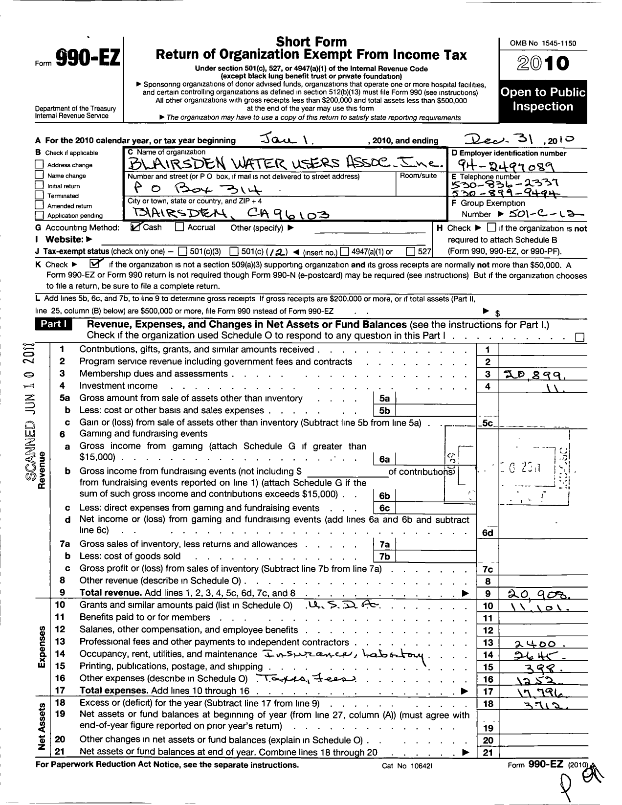 Image of first page of 2010 Form 990EO for Blairsden Water Users Association