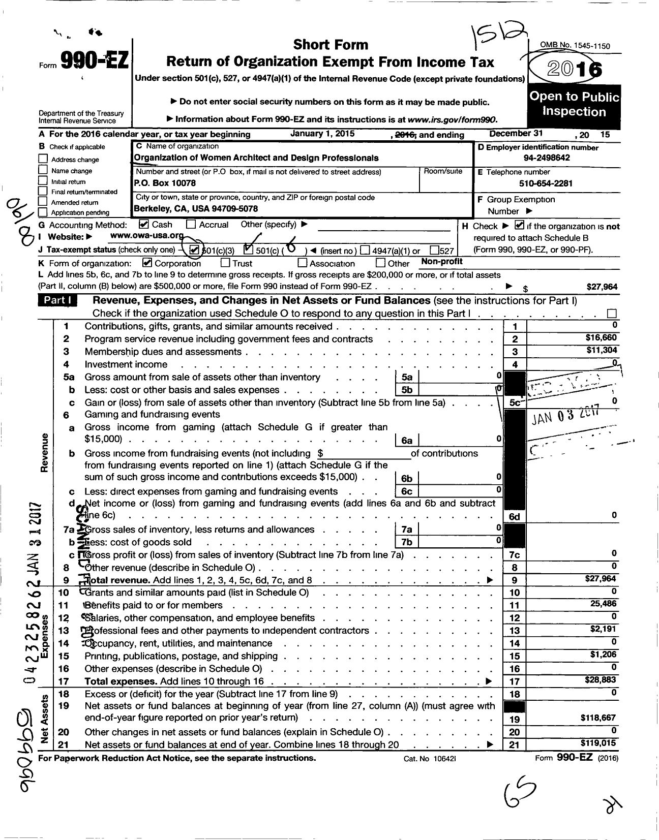 Image of first page of 2015 Form 990EO for Organization of Women Architects Design Professionals