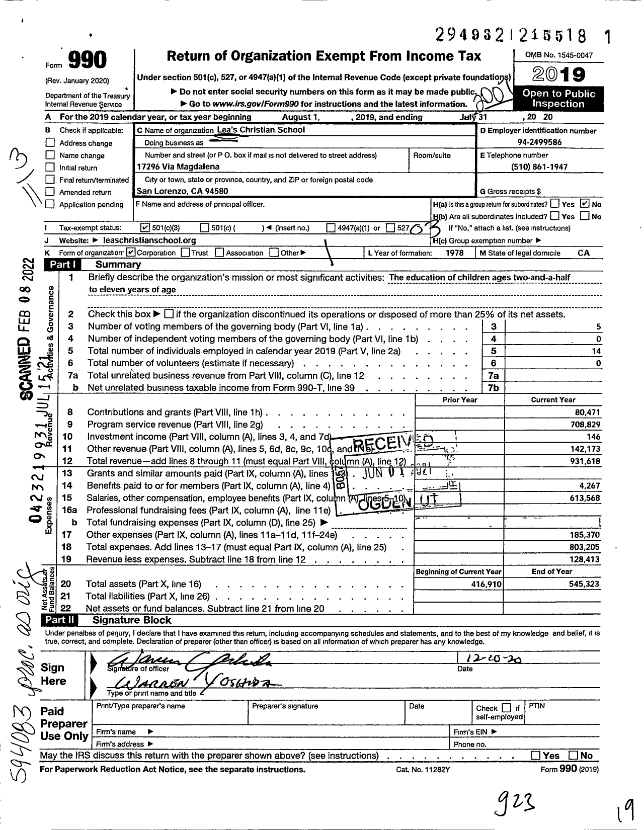 Image of first page of 2019 Form 990 for Leas Christian School