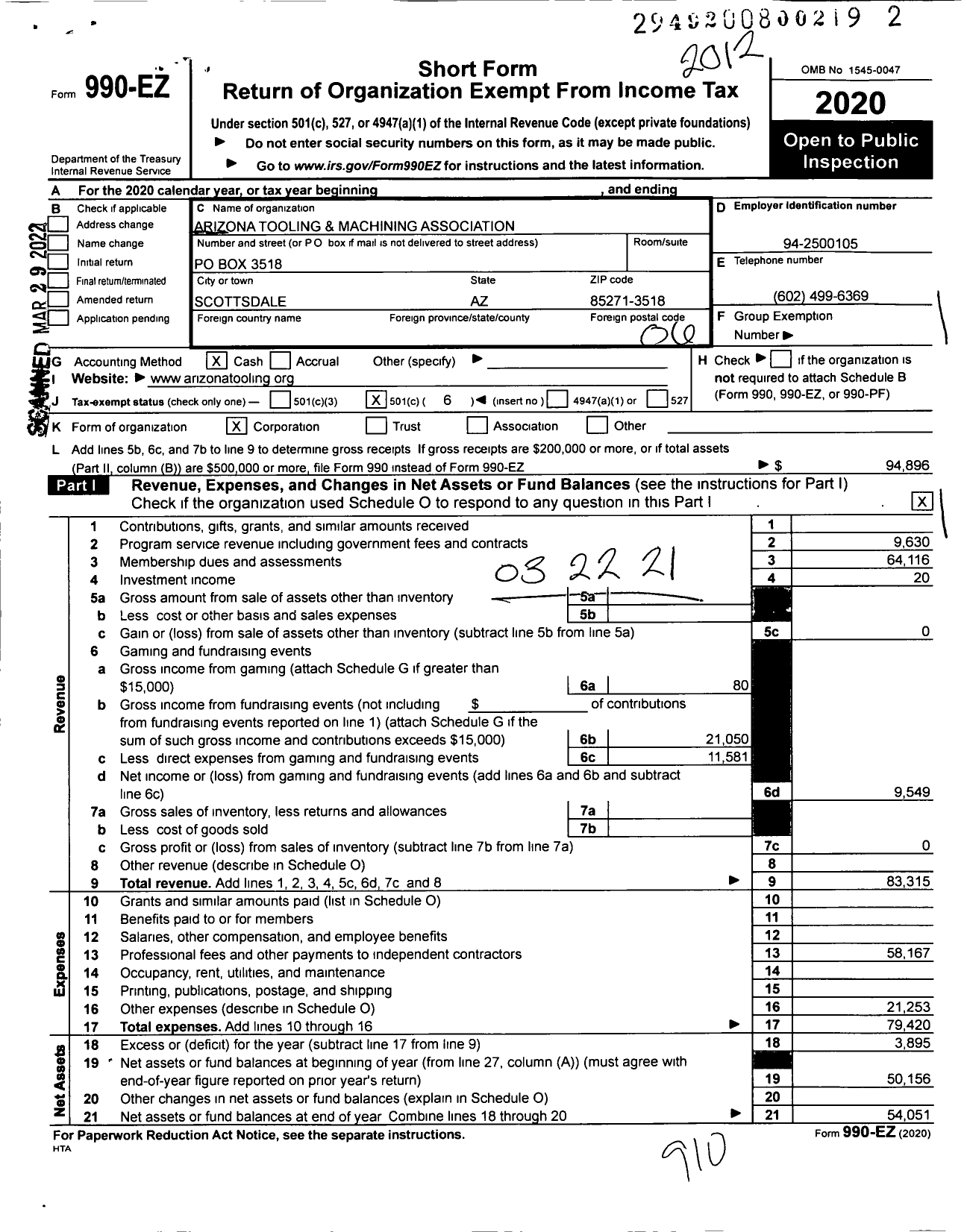 Image of first page of 2020 Form 990EO for Arizona Tooling and Machining Association