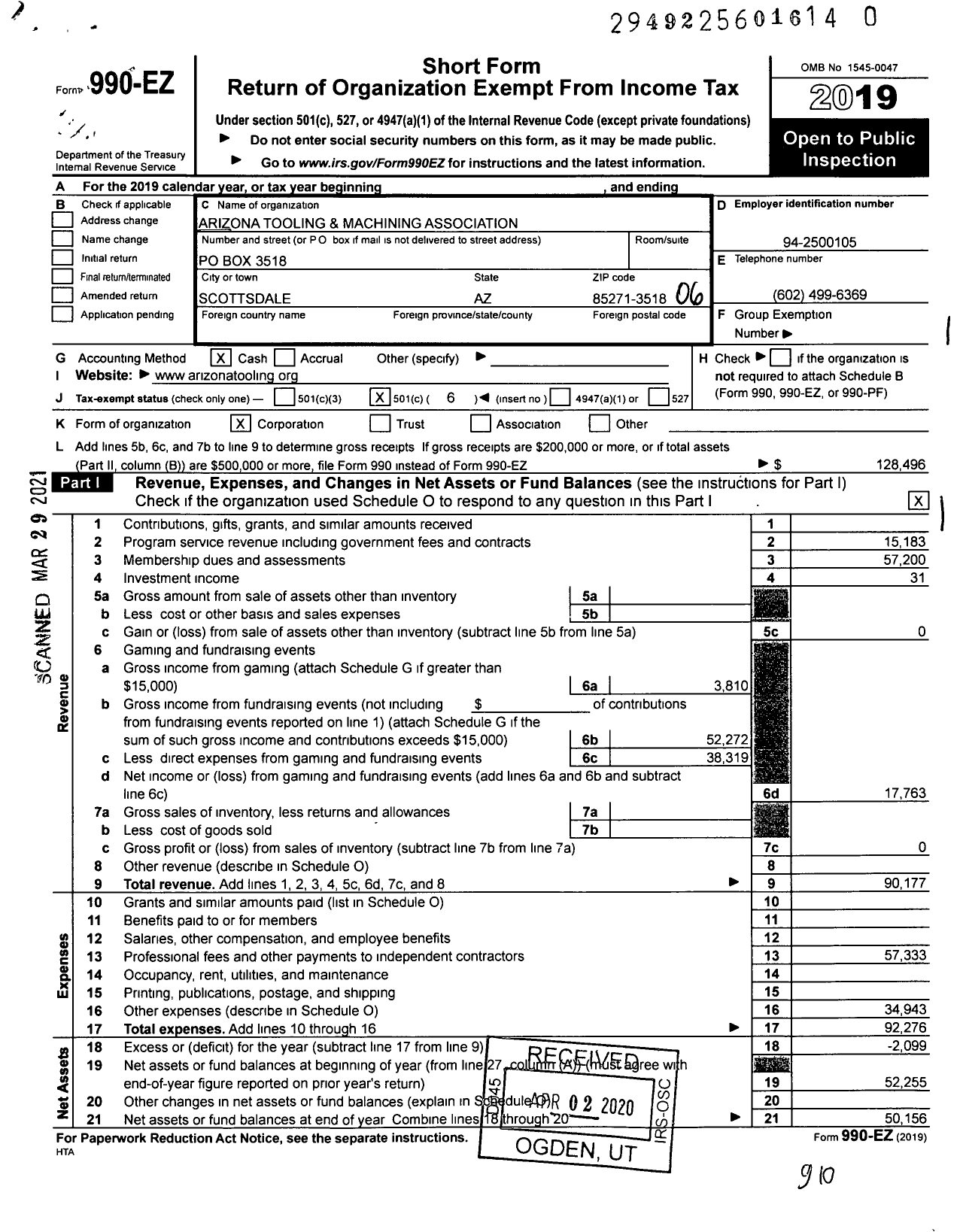 Image of first page of 2019 Form 990EO for Arizona Tooling and Machining Association