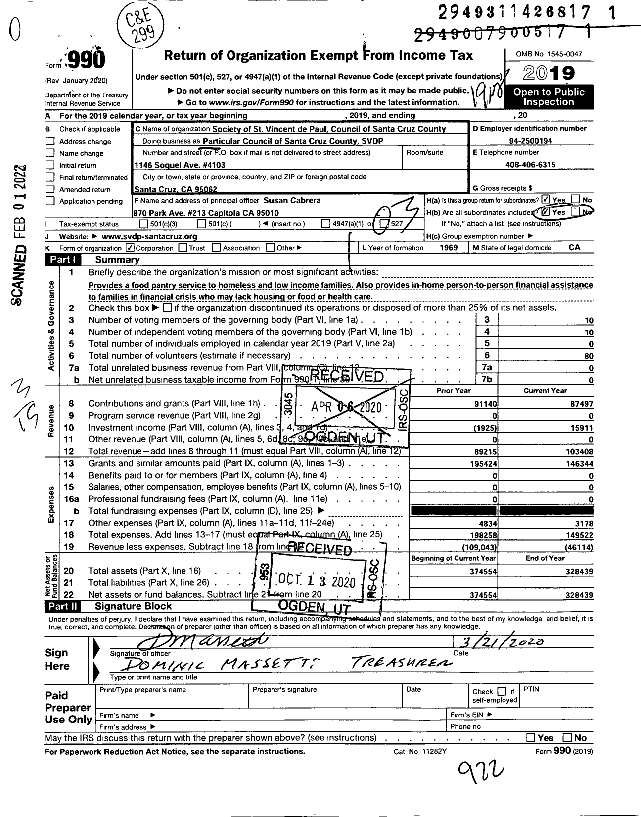 Image of first page of 2019 Form 990 for Particular Council of Santa Cruz County Society of St Vincent de